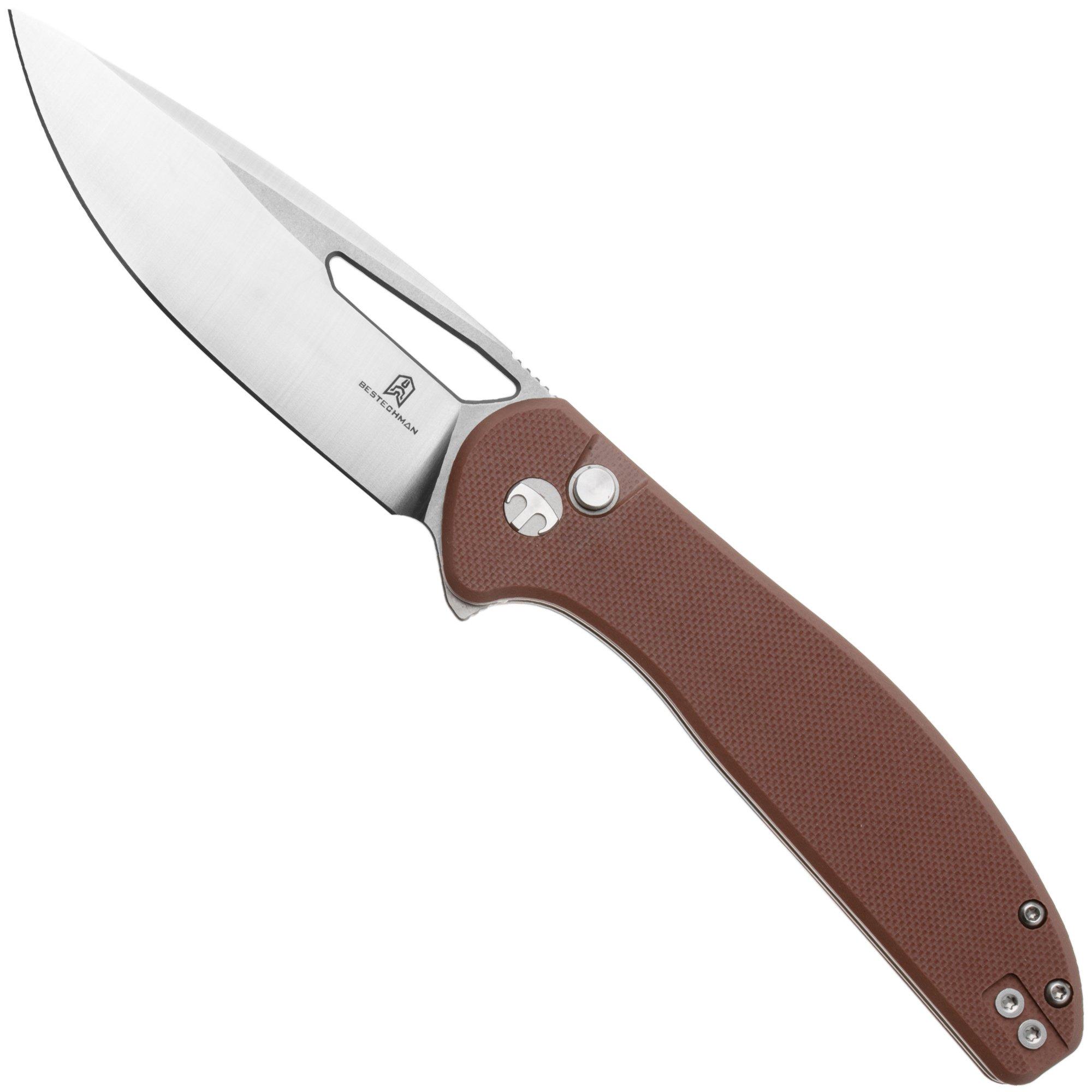 Nóż składany Bestechman Whalefin BMK18C Flat Stonewash Satin D2, Brown G10