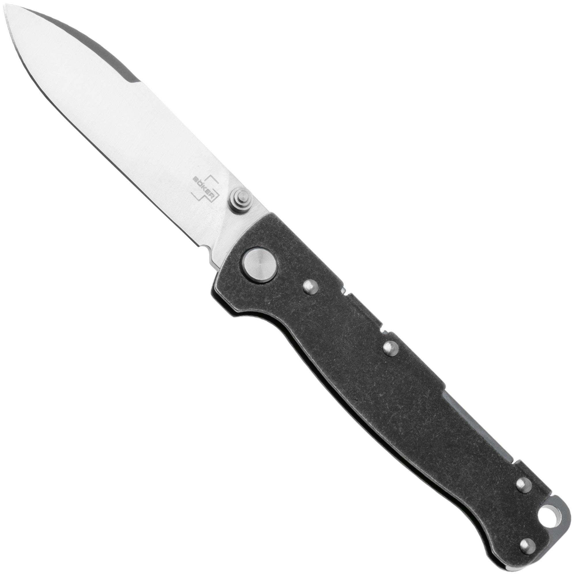 Böker Plus Atlas Backlock Droppoint TS, 01BP0064, Satin D2, Stonewashed Stainless Steel, zakmes