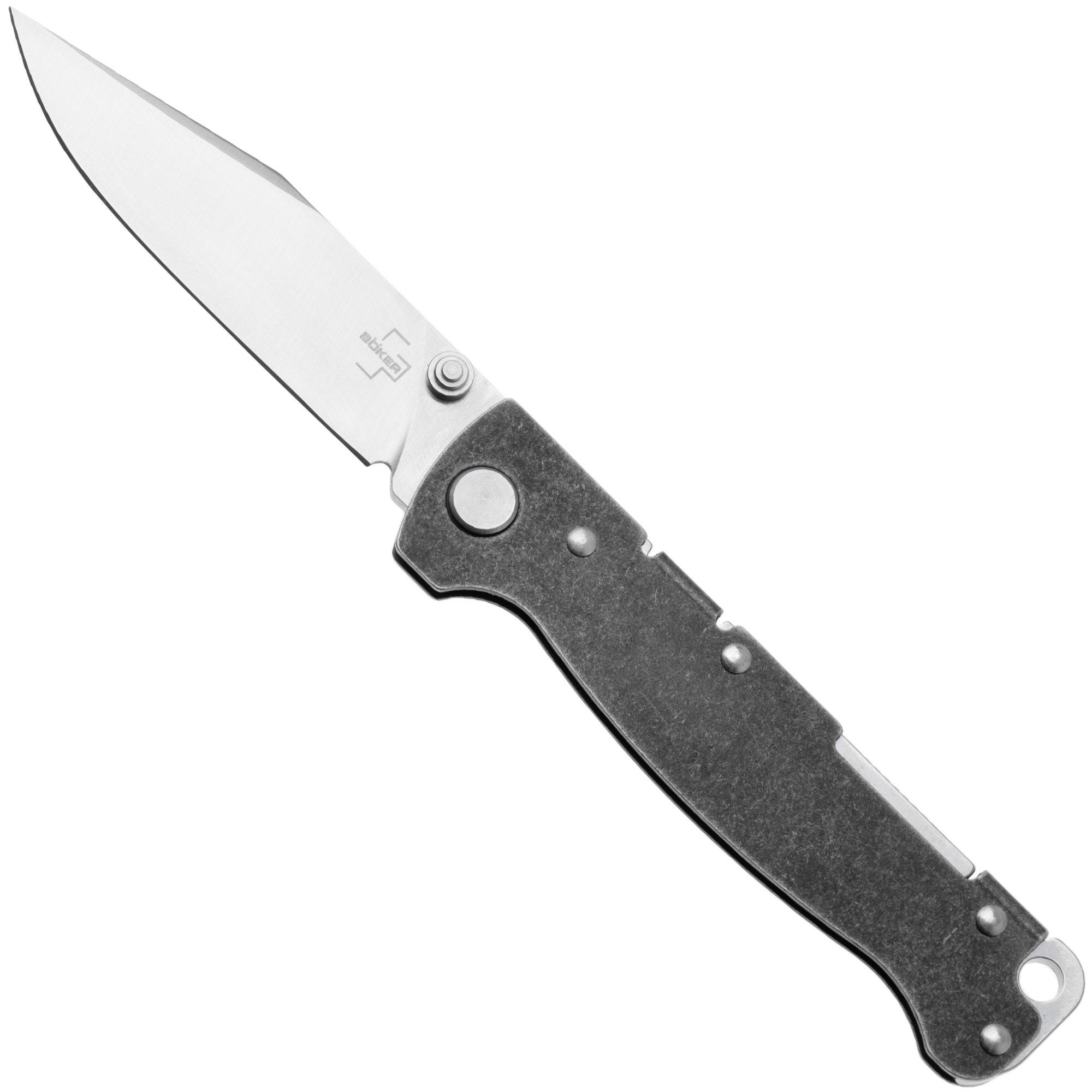 Böker Plus Atlas Backlock Clippoint TS, 01BP0065, Satin D2, Stonewashed Stainless Steel, zakmes