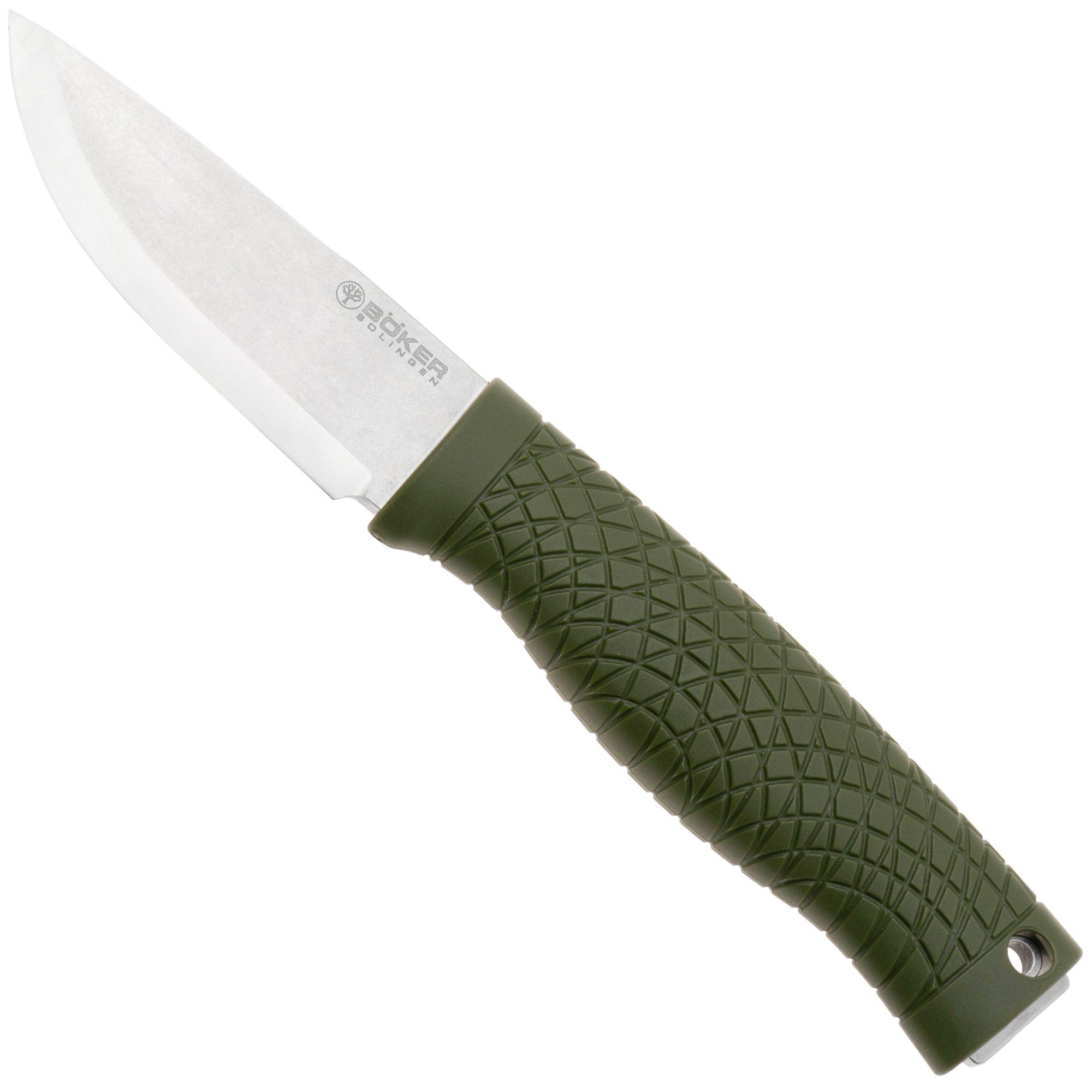 Böker Manufaktur Bronco Mini Scandi 121518 Stonewashed 3V, Green TPE, Bushcraft Messer