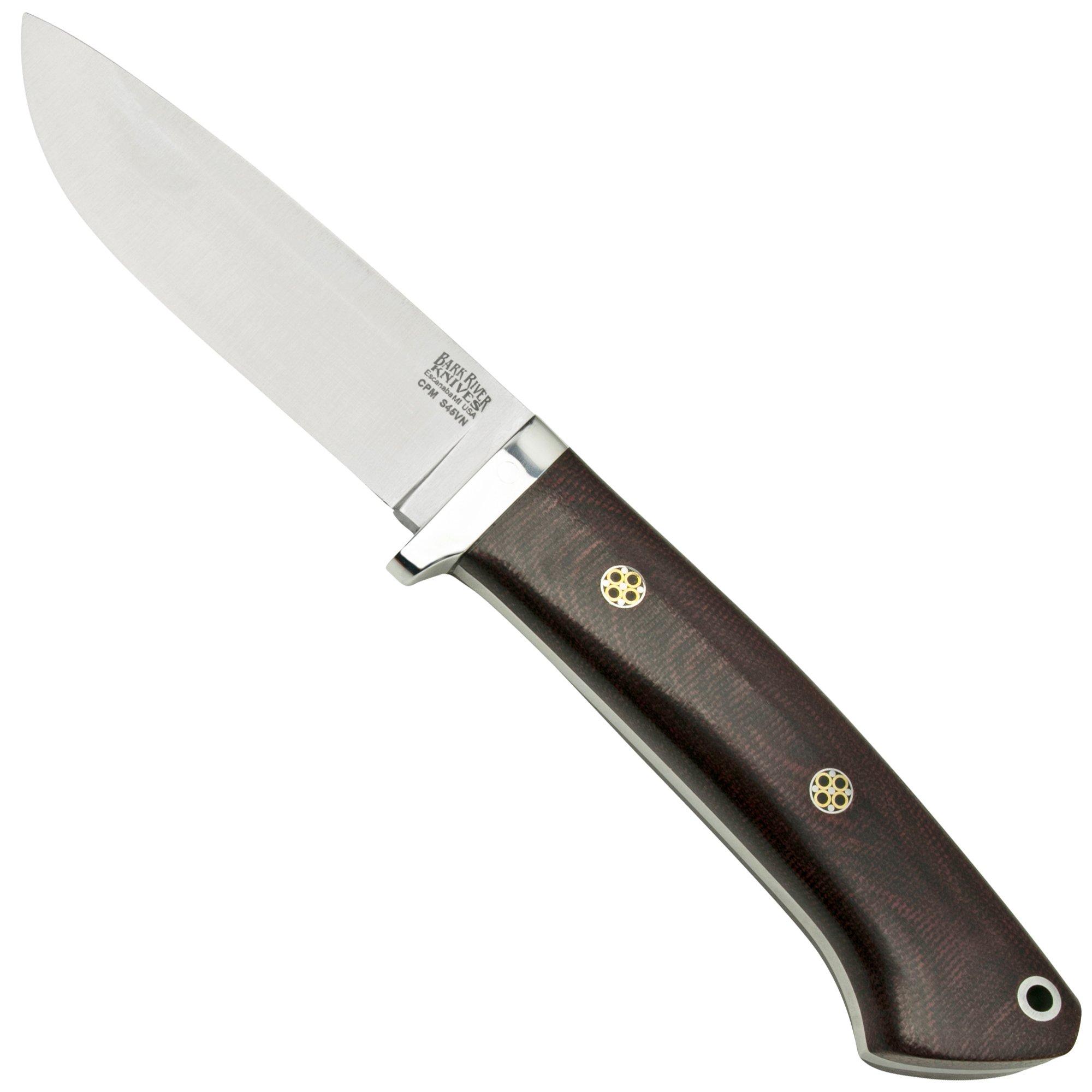 Bark River Classic Drop Point Hunter CPM S45VN Burgundy Canvas Micarta Mosaic Pins, fixed knife