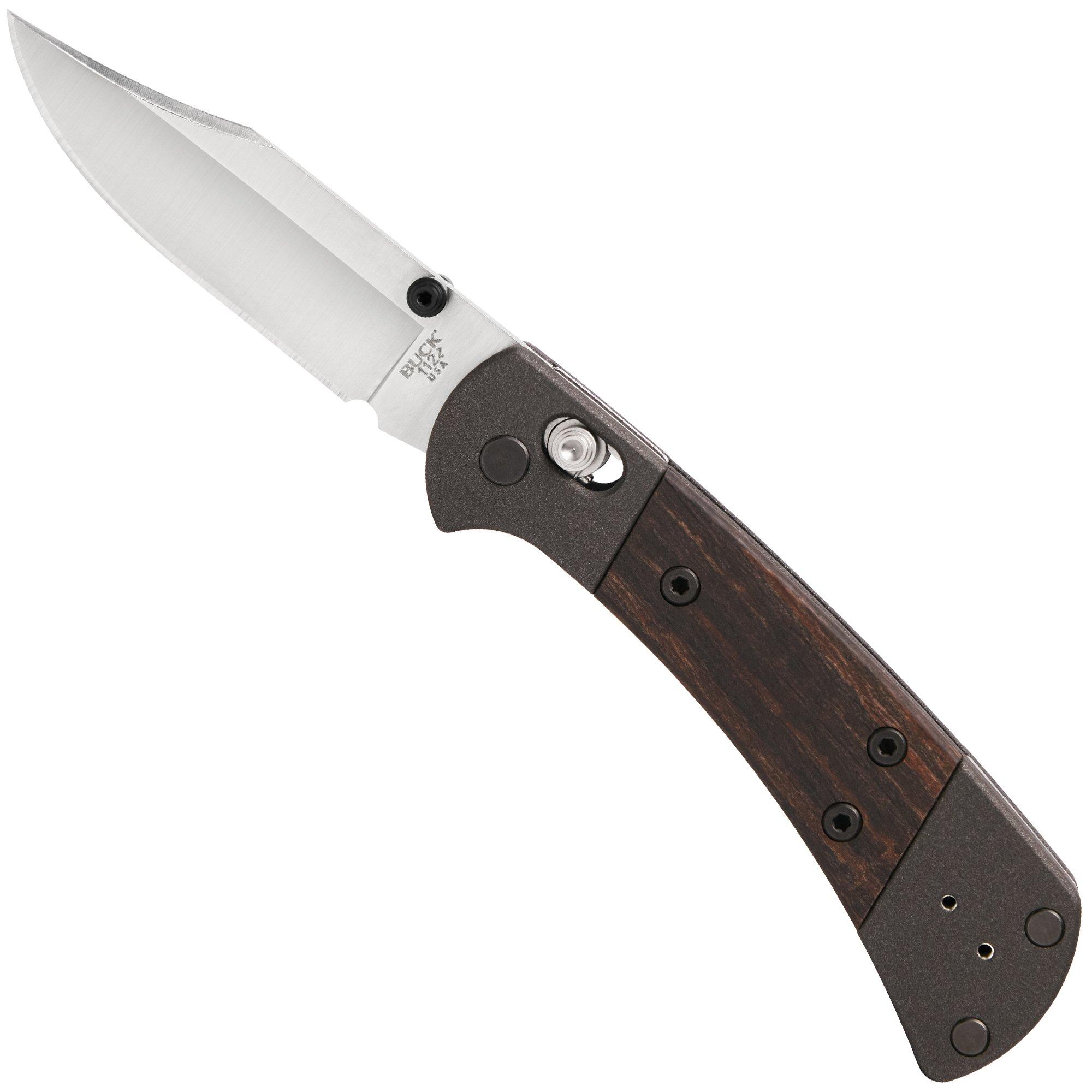 Buck 112 Ranger Crossbar Lock 0112BRS18 Satin MagnaCut, Aluminium, Macassar Ebony, navaja
