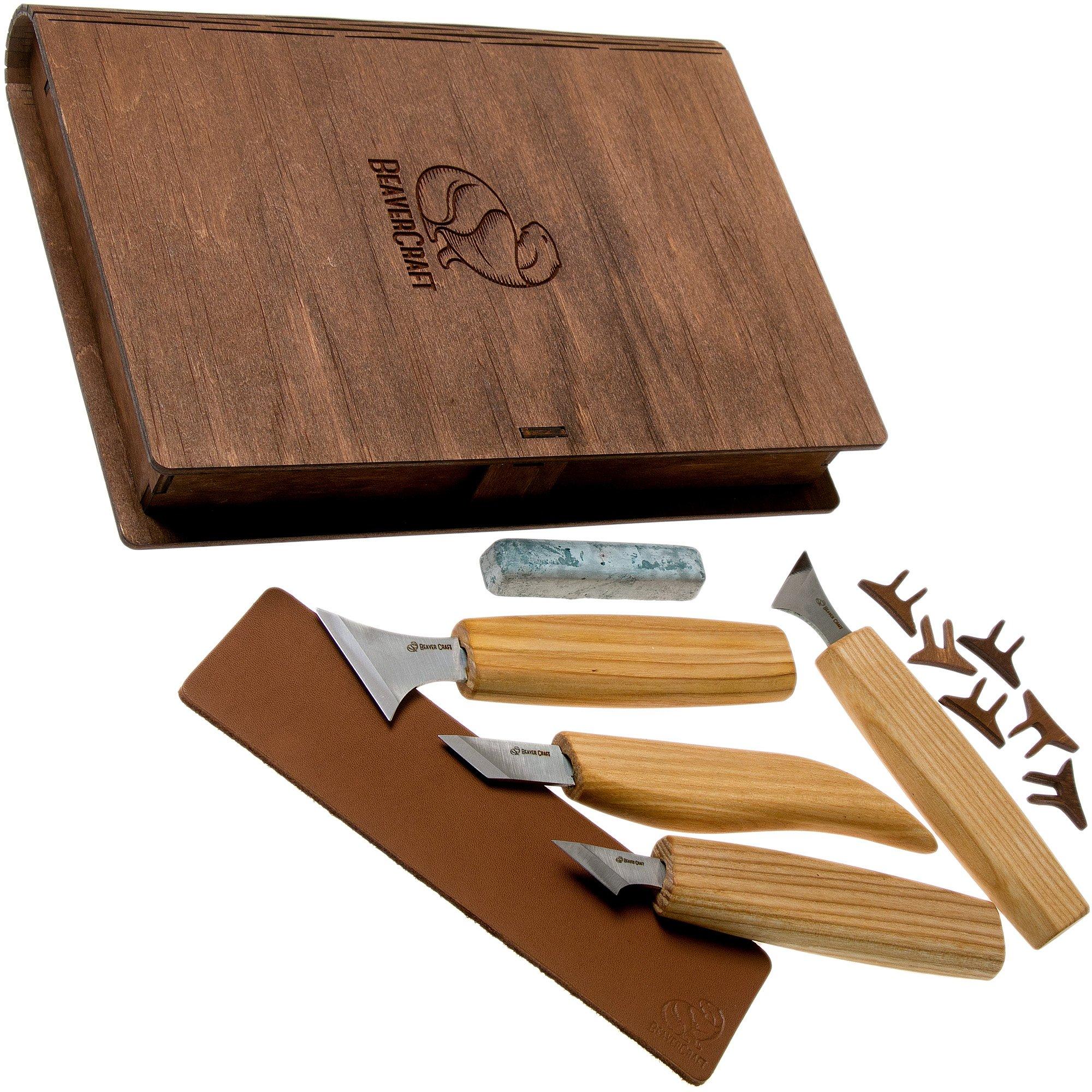 BeaverCraft Geometric Wood Carving Set S05, Holzschnitzmesser Set, 4 Schnitzmesser mit hölzernem Aufbewahrungsbuch