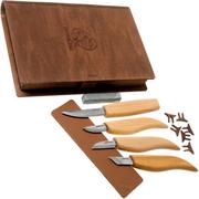 Zestaw do rzeźbienia BeaverCraft Basic Set of 4 Knives S07 Book z drewnianą książką do przechowywania