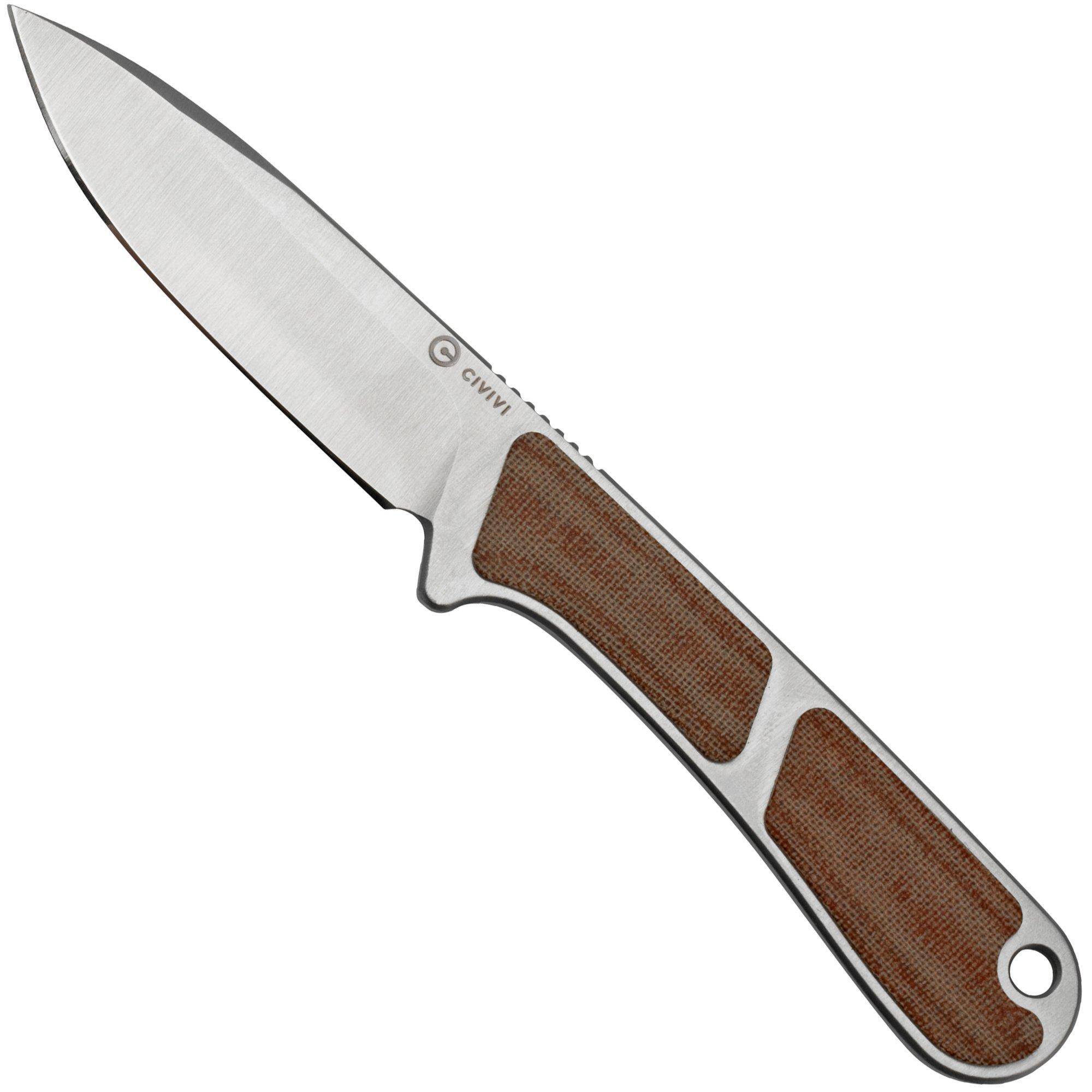Civivi Mini Elementum Fixed Blade C23010-2 Brown Linen Micarta, Satin coltello da collo