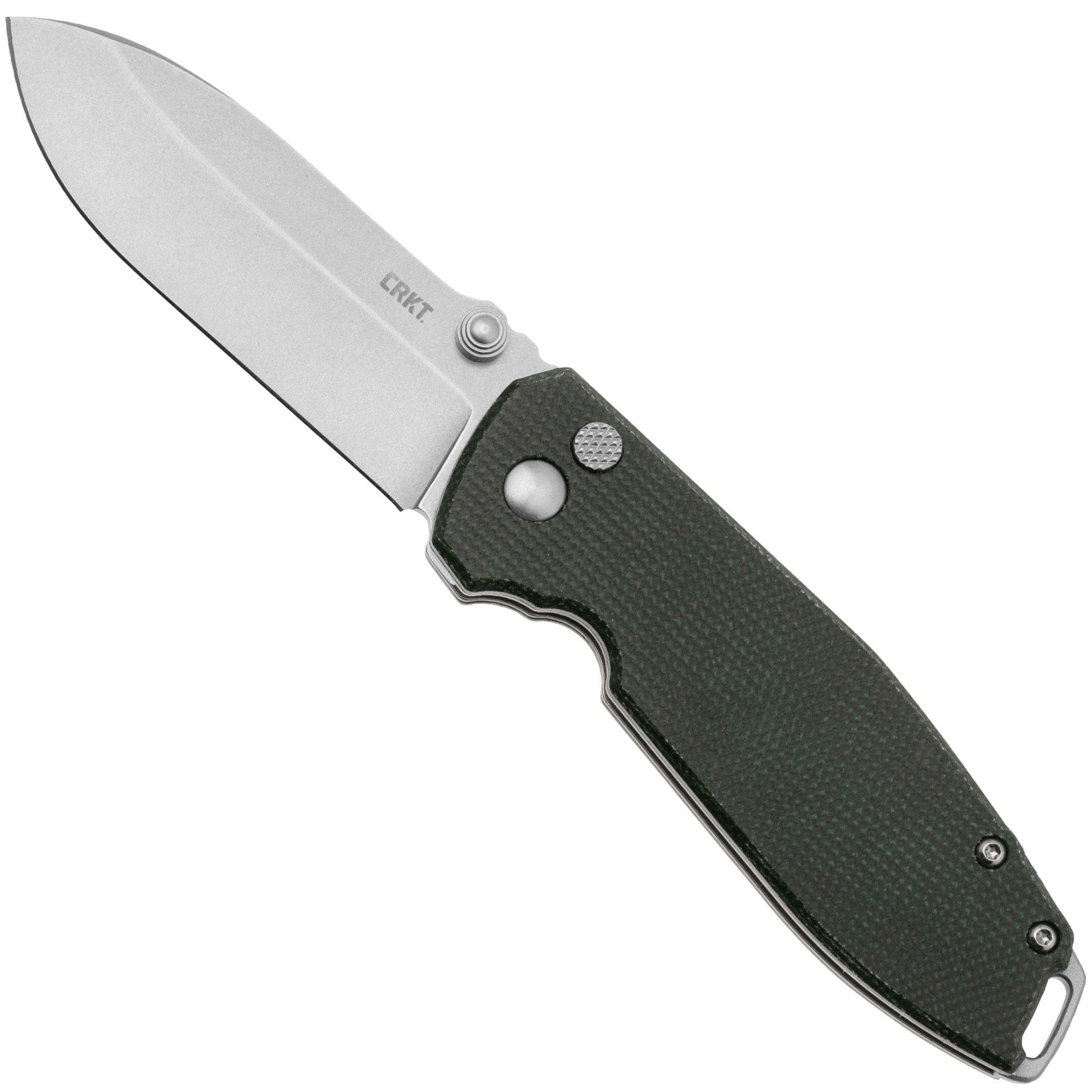 CRKT Squid XM Button Lock 2495GR Stonewashed D2, Green Micarta, couteau de poche, Lucas Burnley design