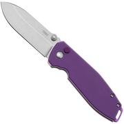 CRKT Squid XM Button Lock 2495P Stonewashed 14C28N, Violet G10, zakmes, Lucas Burnley design