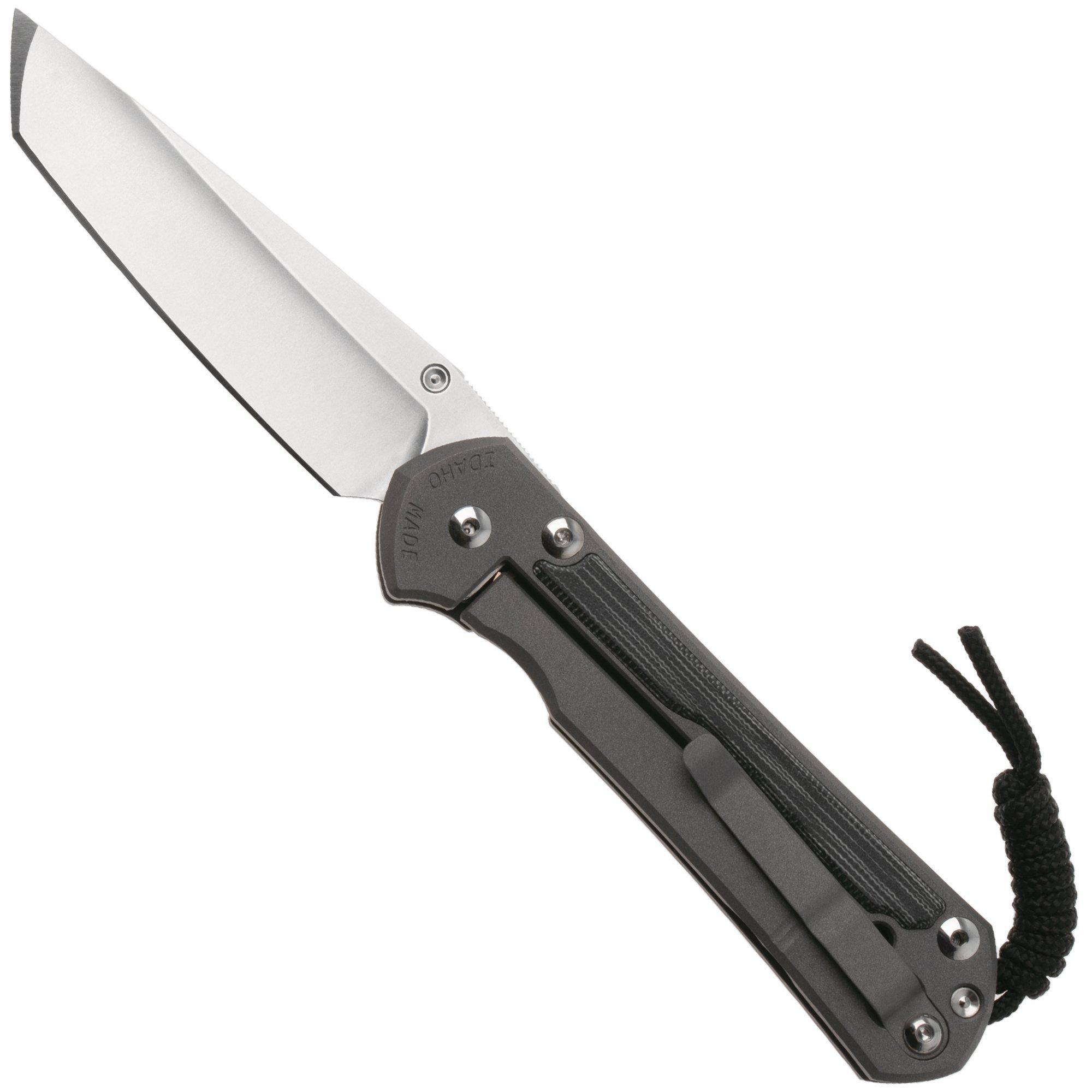 Chris Reeve Large Sebenza 31, L31-1229, Stonewashed MagnaCut Tanto, Sandblasted Titanium, Black Canvas Micarta Inlay, left-handed pocket knife