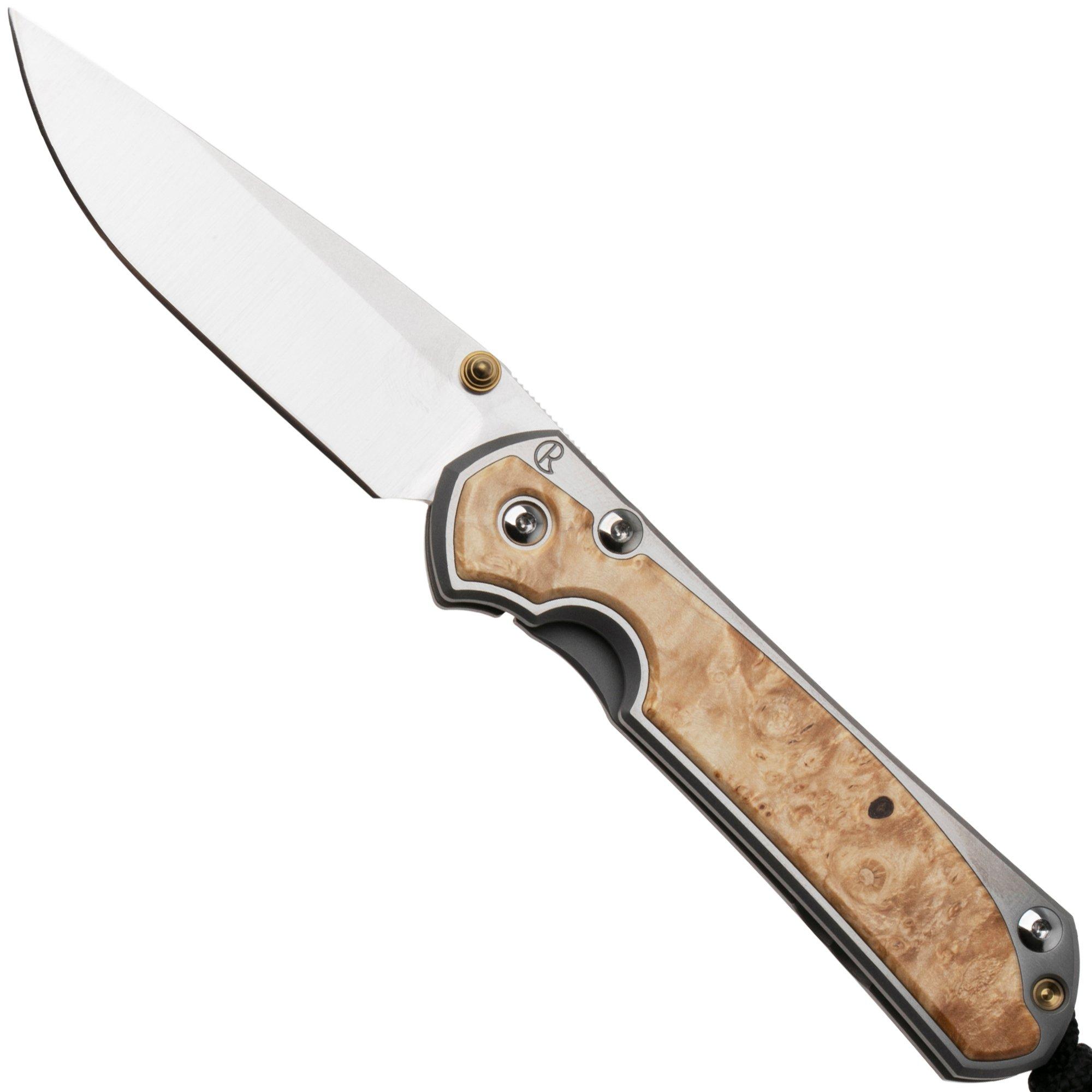 Chris Reeve Small Sebenza 31 S31-1628, Satin CPM MagnaCut, Polished Titanium, Box Elder Inlay pocket knife