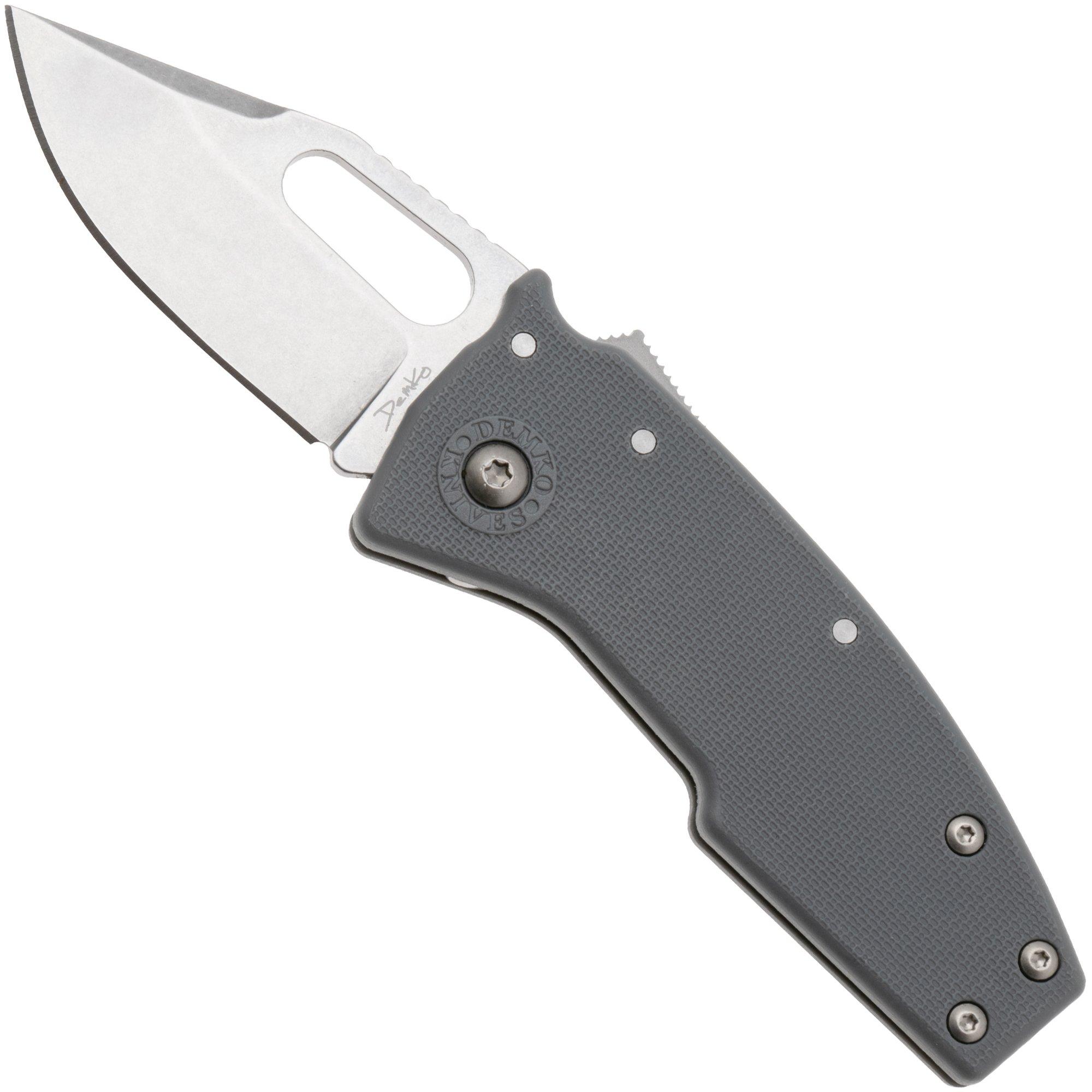 Demko Nano-Shark, NANO-10A-GREY GRN-CP, Stonewashed AUS-10A Clip Point, Grey GRN pocket knife