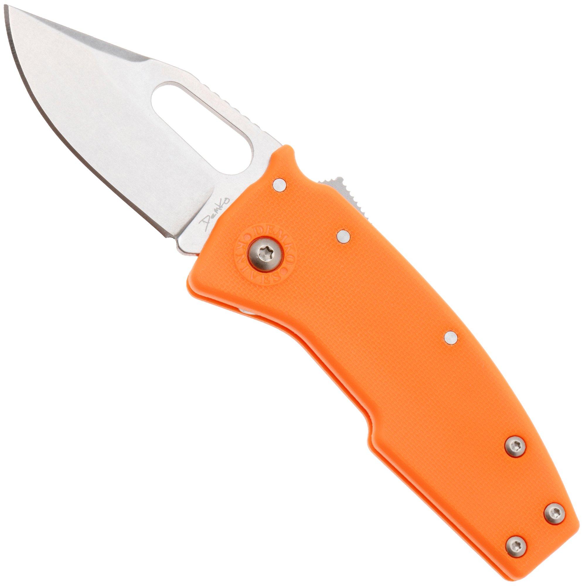 Demko Nano-Shark, NANO-10A-ORANGE GRN-CP, Stonewashed AUS-10A Clip Point, Orange GRN zakmes