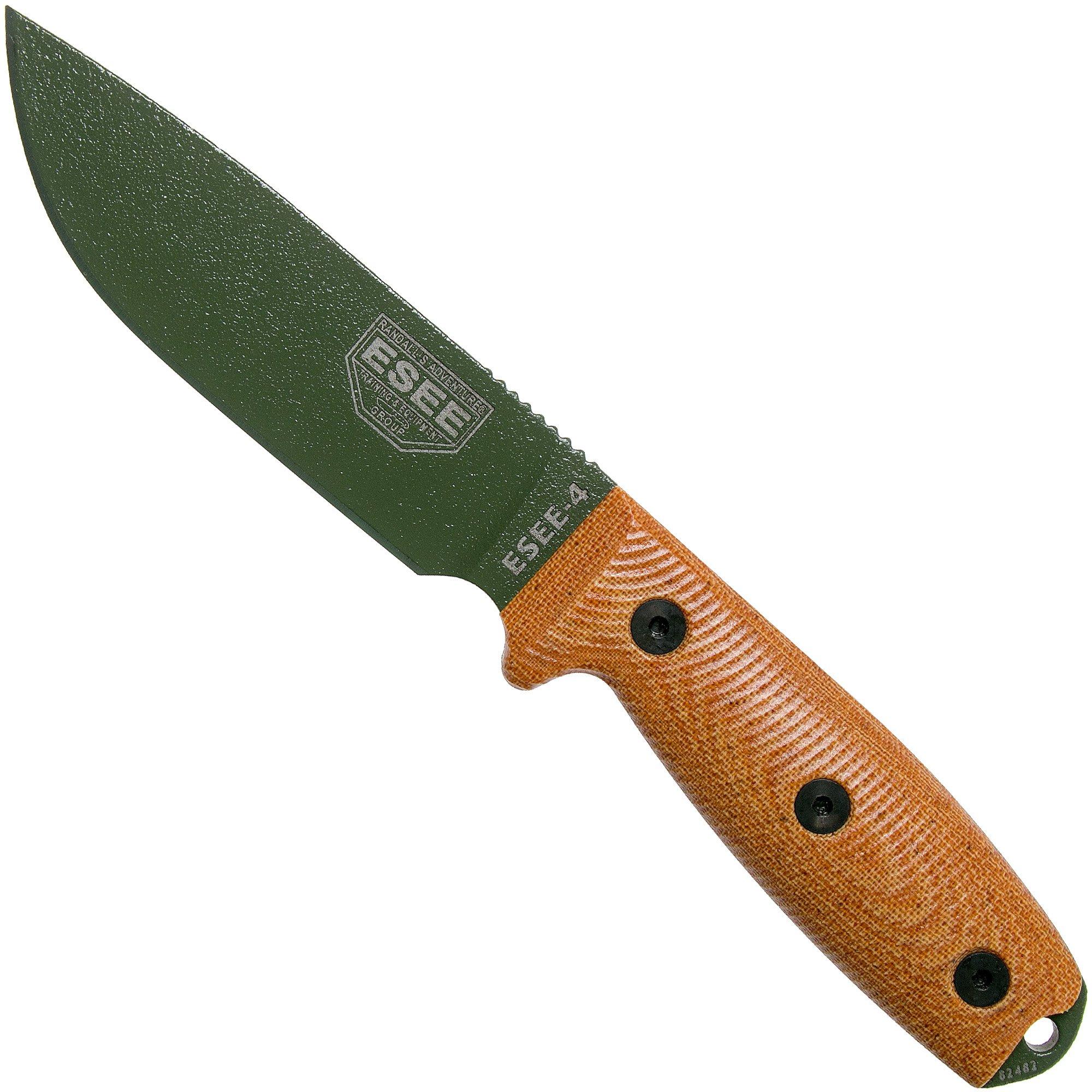 ESEE Model 4 OD Grüne 3D Klinge, Natural Canvas Micarta Survivalmesser 4POD-011 schwarze Scheide + Gürtelclip