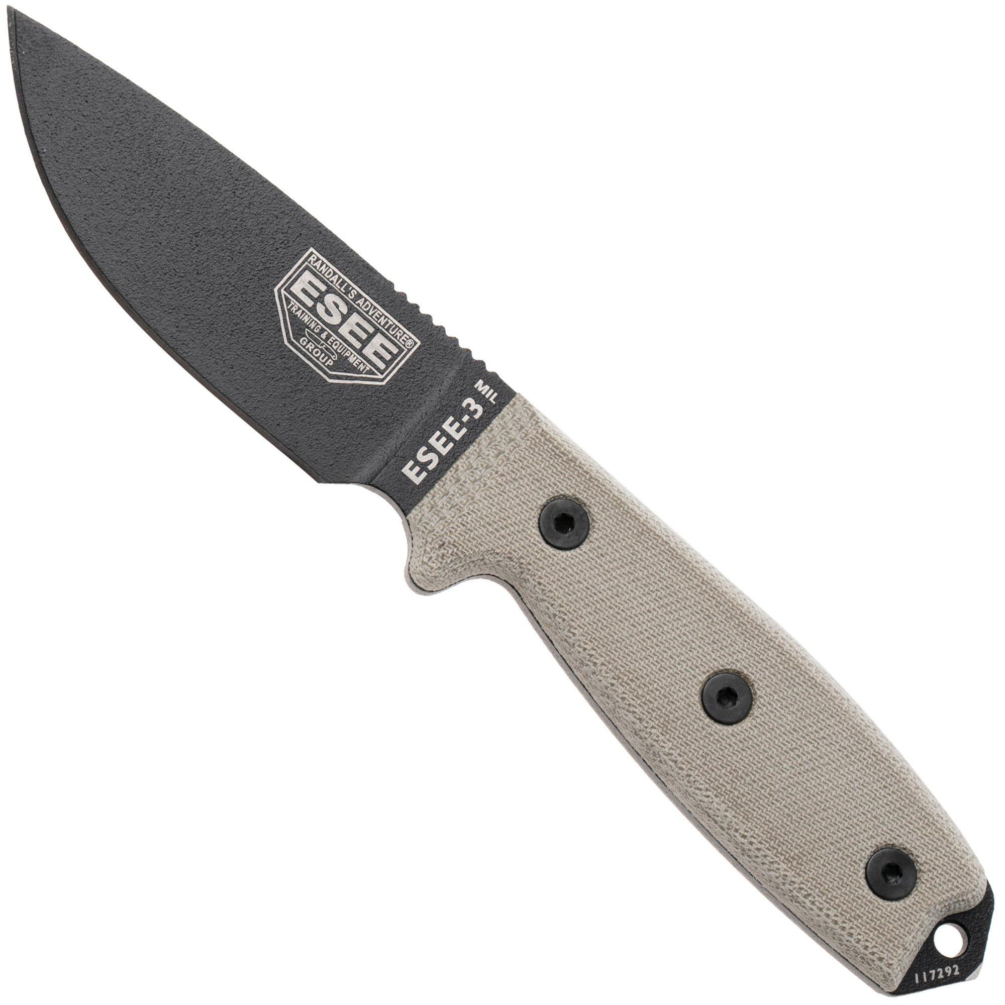 ESEE Model 3 survivalmes 3MIL-P-B étui noir + clip ceinture et MOLLE-back