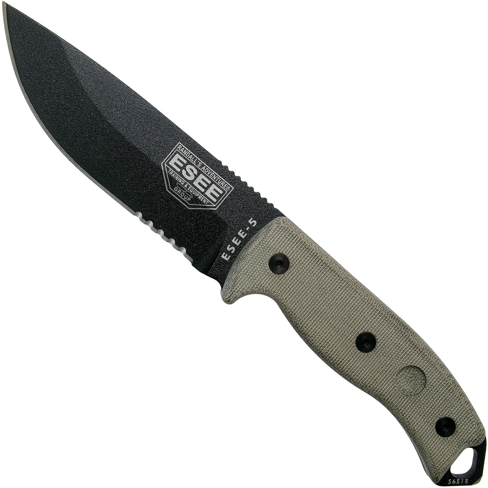 ESEE Model 5 Serrated black blade 5S survivalmes met kydex schede + riemclip