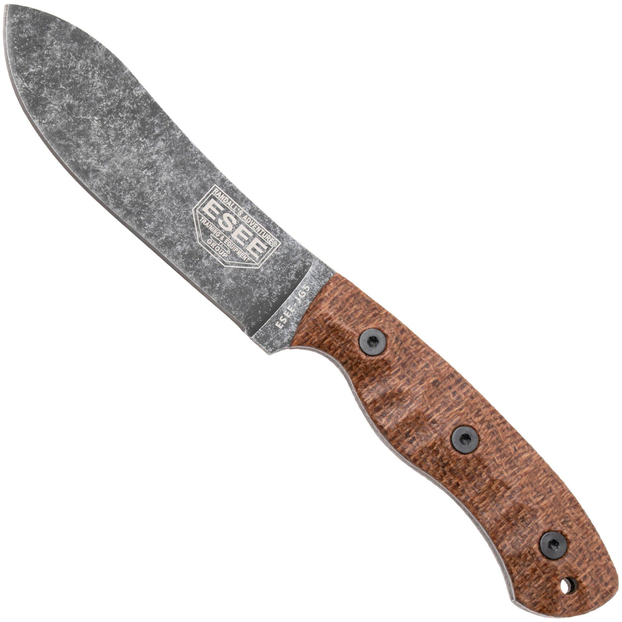 ESEE JG5, ESEE-JG5-BM, 1095 Stonewashed Black Oxide, Brown Burlap Micarta, Outdoor Messer, James Gibson Design