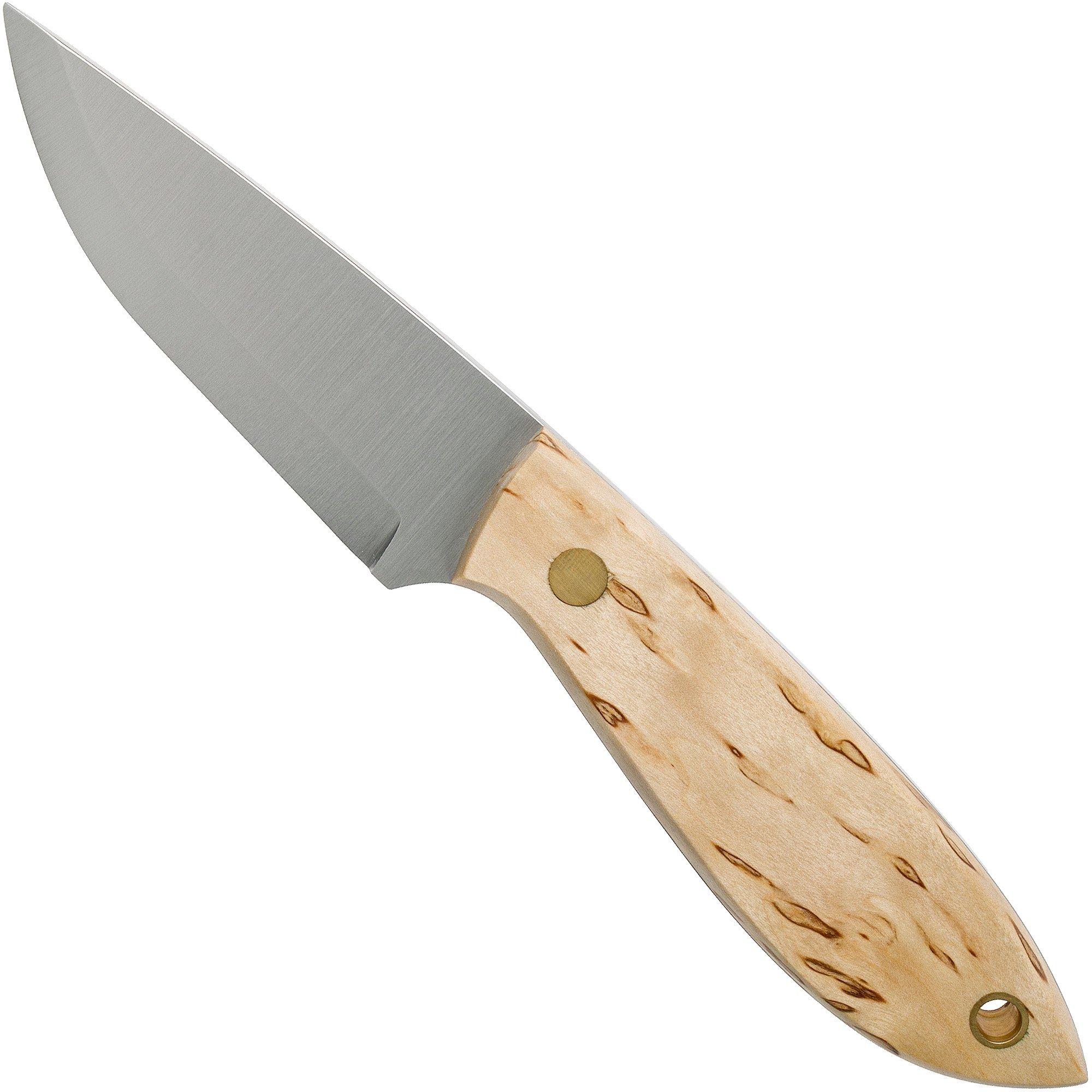 Nóż Brisa Bobtail 80 Curly Birch Handle, 12C27 Scandi, skórzana pochwa 9949