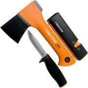 Fiskars X5 conjunto para lareira com machado, faca e afiador