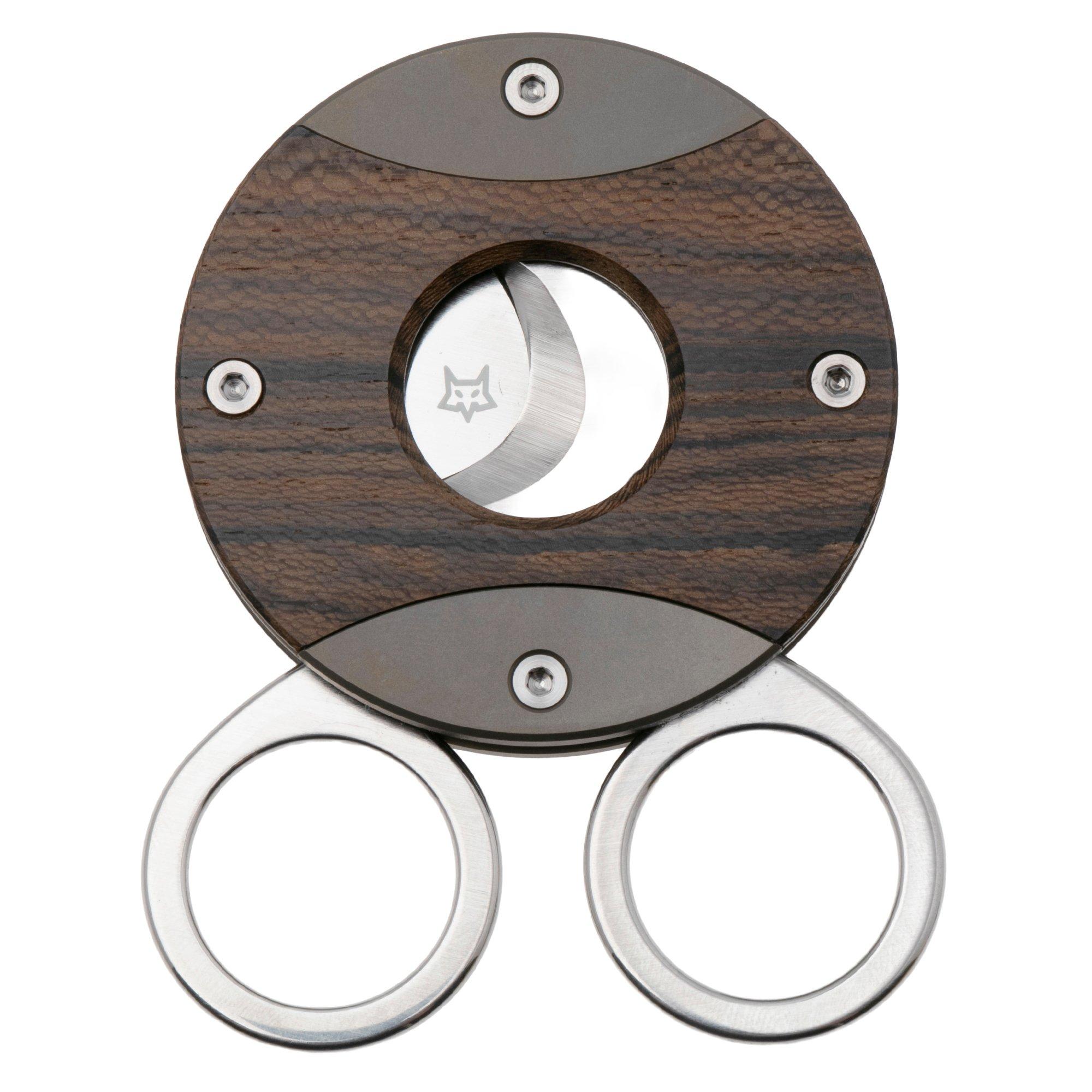 Fox Circle Cigar Cutter 744-ZW, Satin Sandvik 12C27, Ziricote Wood Titanium, coupe-cigare