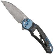 Fox Metamorphosis FX-556-B1 Damascus Wharncliffe, 3K Carbonfiber, Blue Titanium bolster navaja