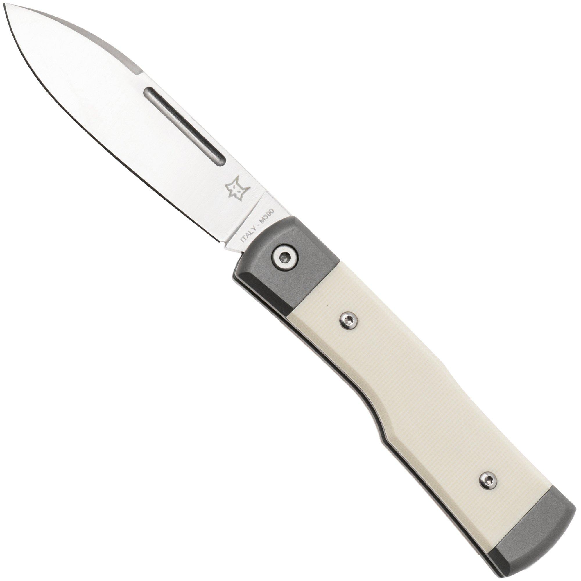 Fox Gunstock FX-558 BO, Satin M390, Titanium White Micarta, pocket knife