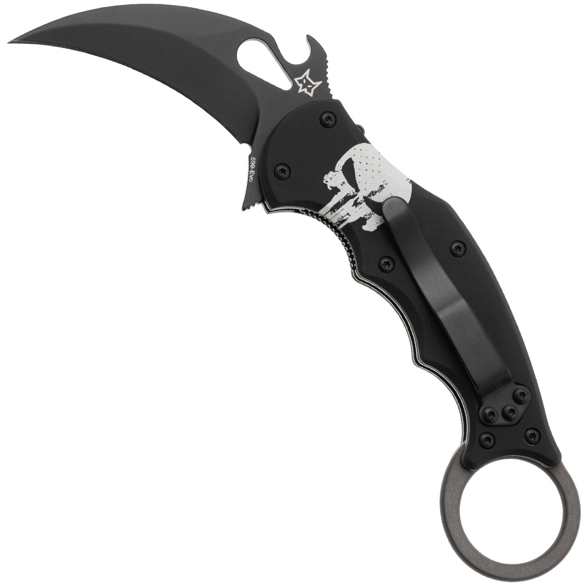 Fox FX-599 ALB-4 Skull, Black Idroglider Böhler N690Co, Engraved Aluminum, karambitmes