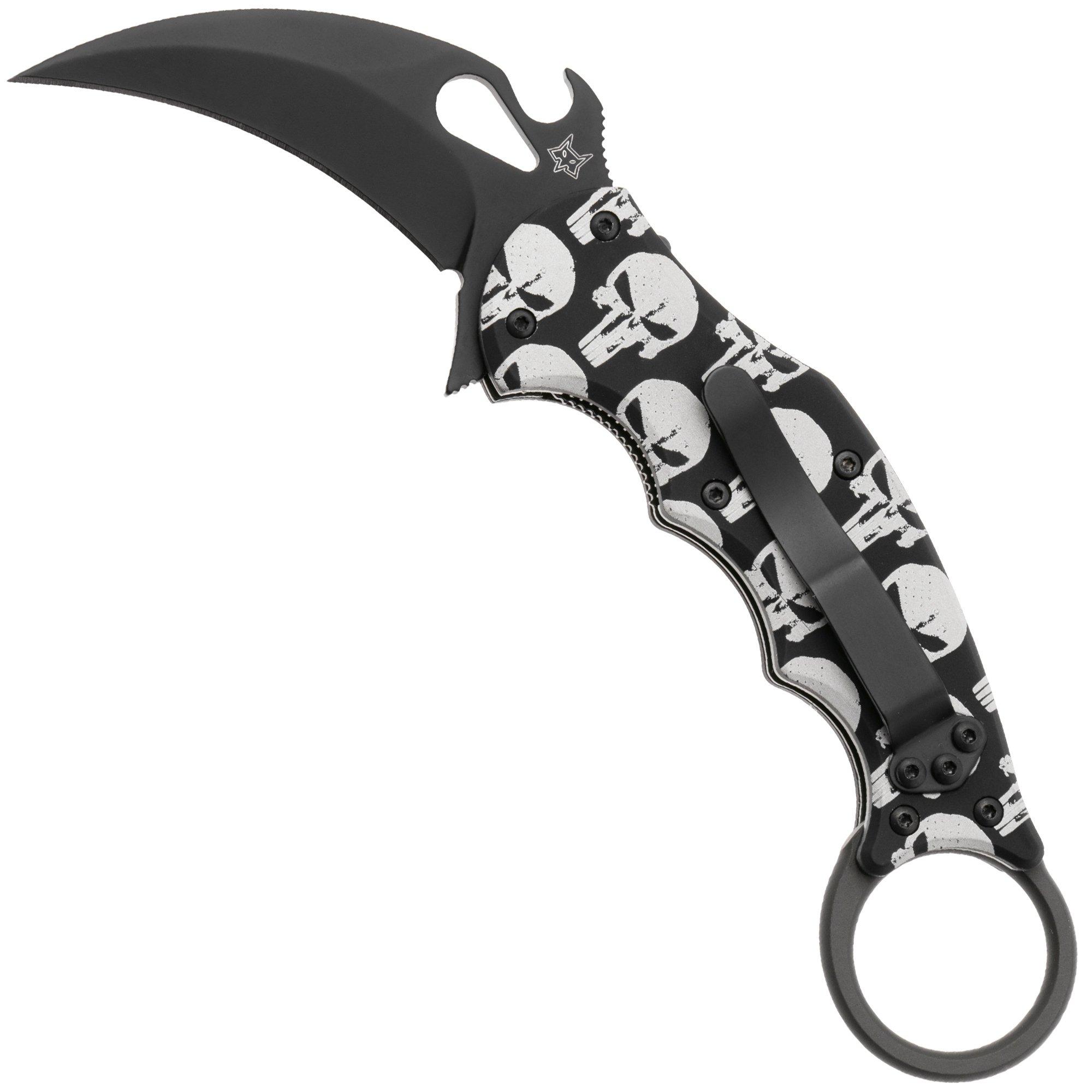 Fox FX-599 ALB-5 Skull Pattern, Black Idroglider Böhler N690Co, Engraved Aluminum, karambitmes
