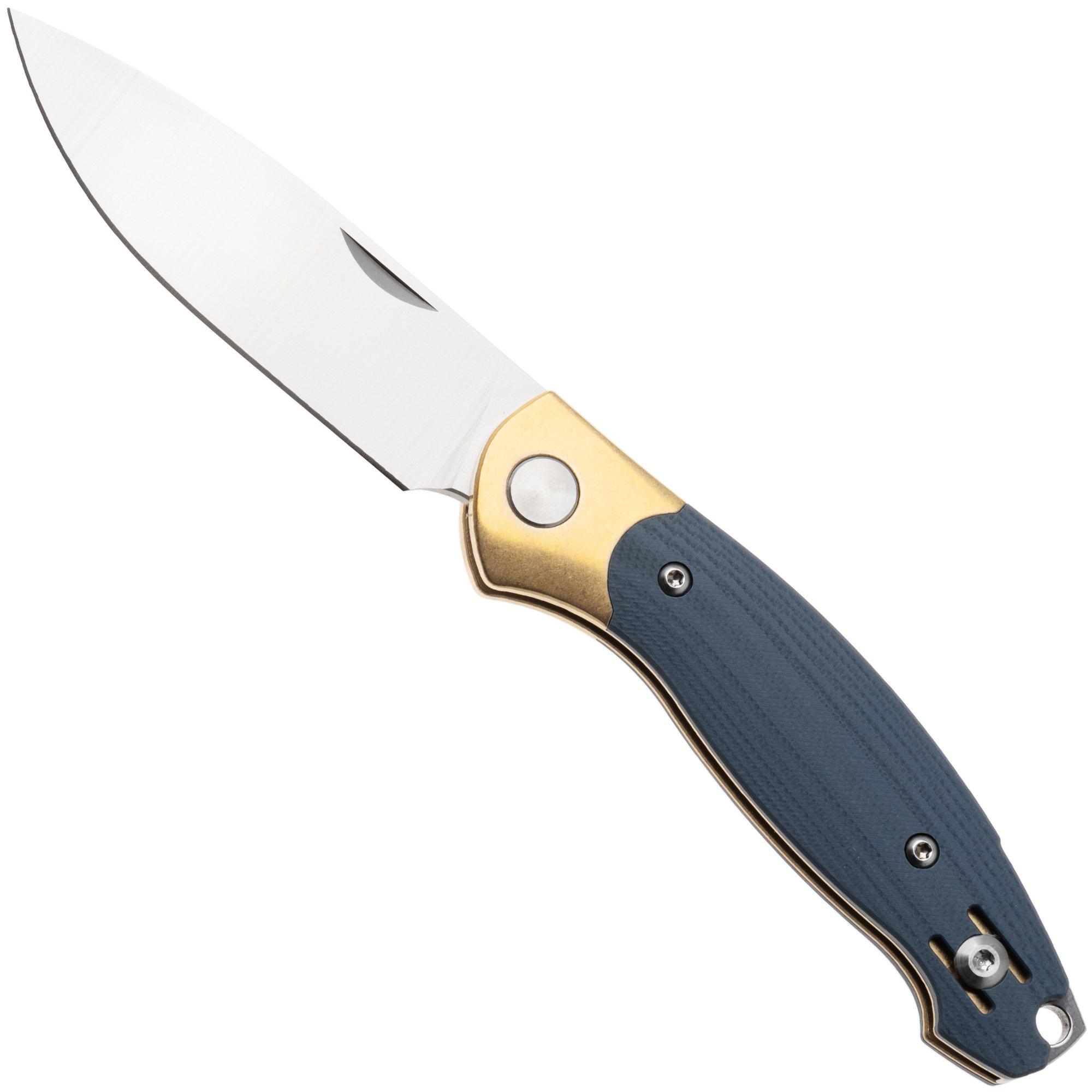 GiantMouse ACE Farley V2 BRASS-DUSTY-BLUE-G10 Satin Elmax, Brass Bolster, Dusty Blue G10, zakmes, Ansø en Voxnaes design