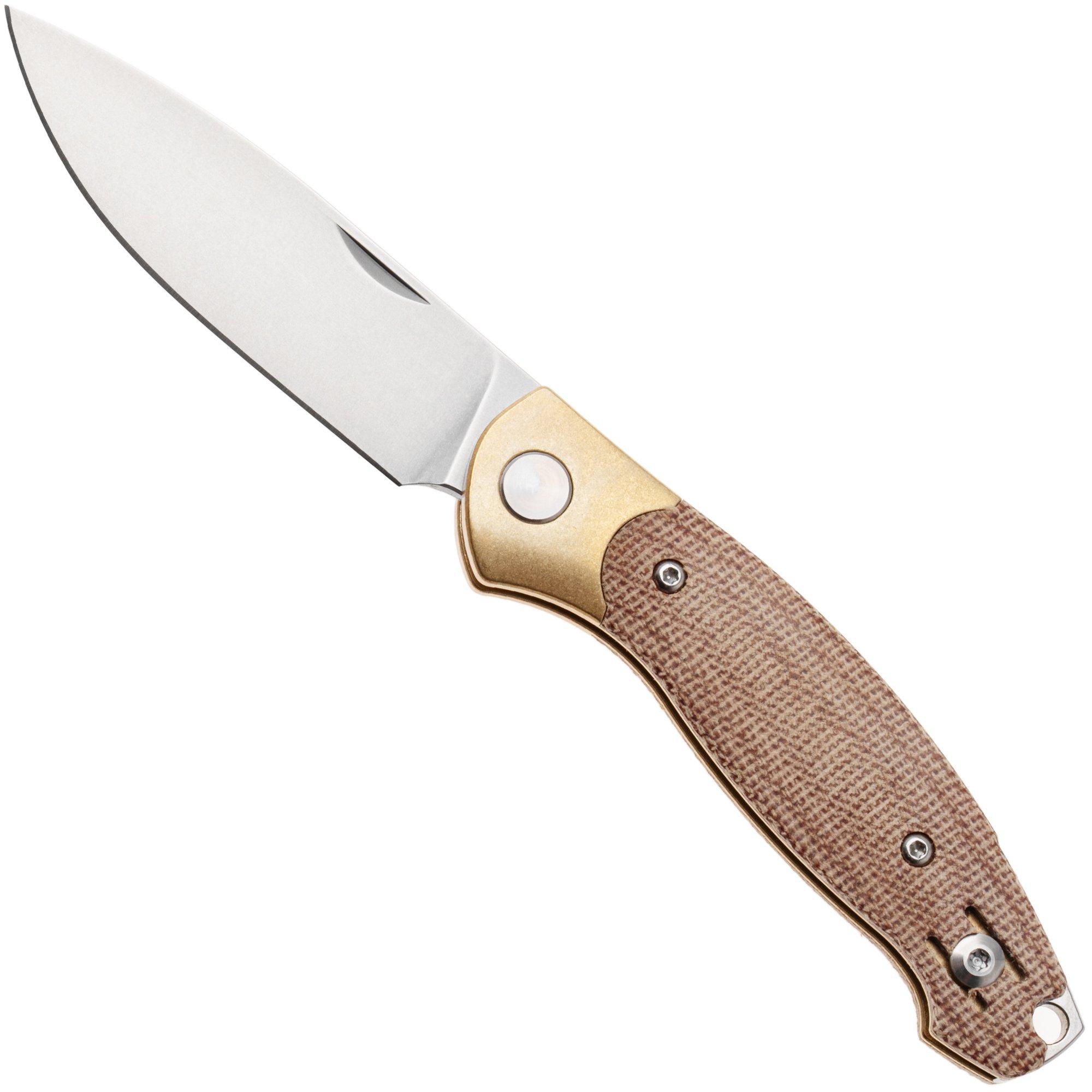 GiantMouse ACE Farley V2 BRASS-NATURAL-MICARTA Stonewashed Elmax, Brass Bolster, Natural Canvas Micarta, zakmes, Ansø en Voxnaes design