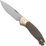 GiantMouse ACE Farley V2 BRASS-B-GRN Stonewashed Elmax, Brass Bolster, Green Micarta, navaja, diseño de Ansø y Voxnaes