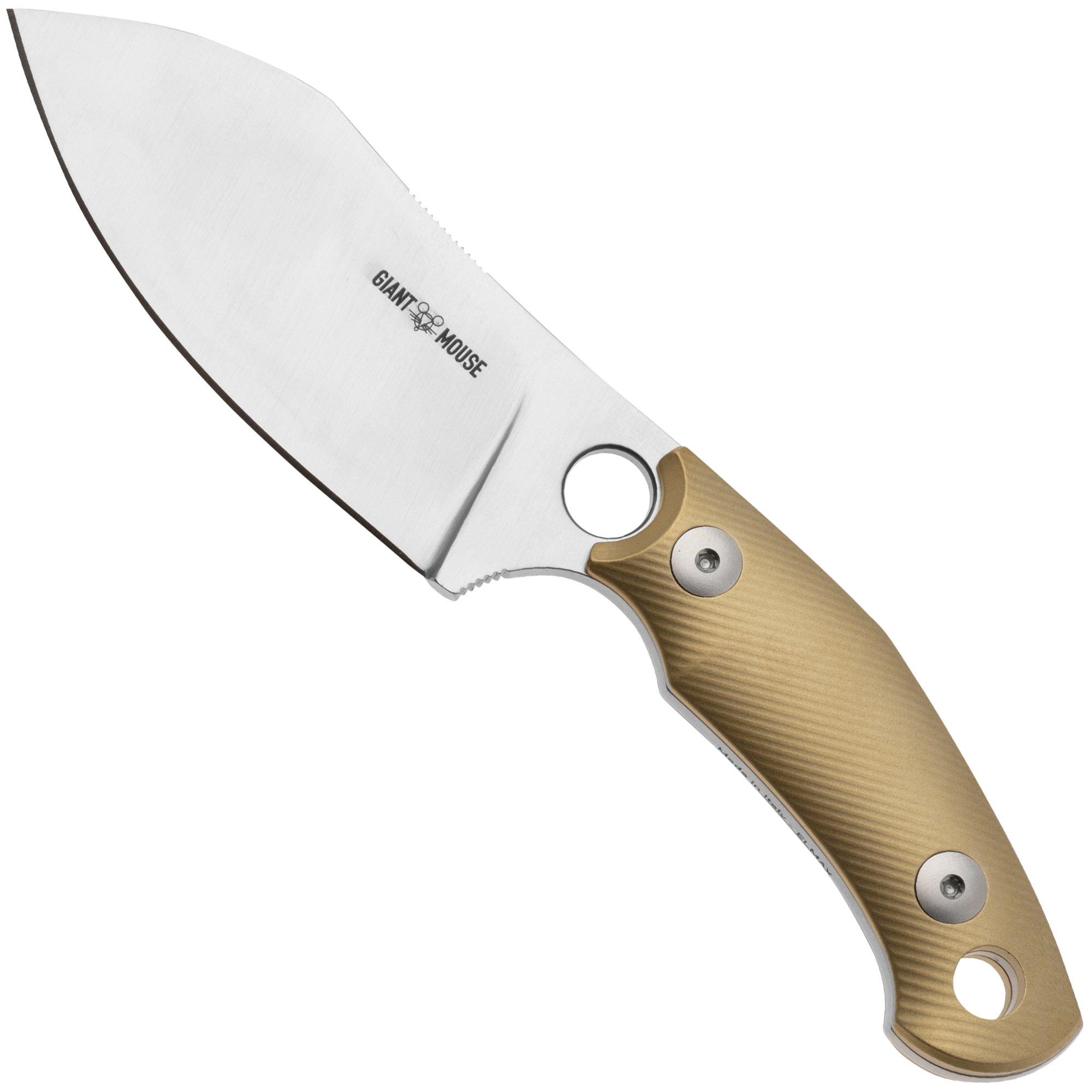 GiantMouse GMF1-XL Brass Milled, Satin Elmax, Burgundy Leather Sheath, feststehendes Messer