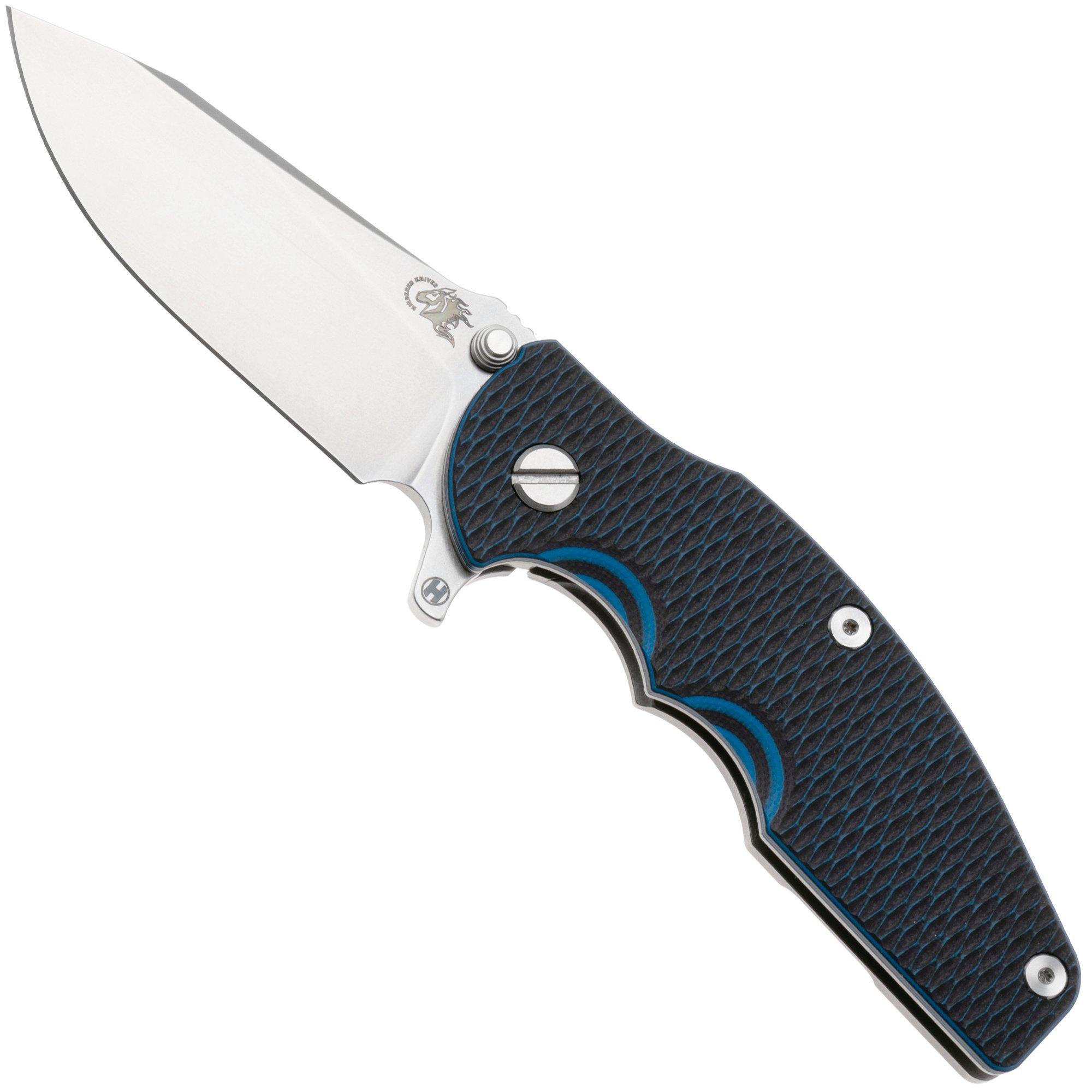 Rick Hinderer Jurassic Slicer, Hollow Ground Magnacut, Stonewashed, Blue/Black G10, pocket knife