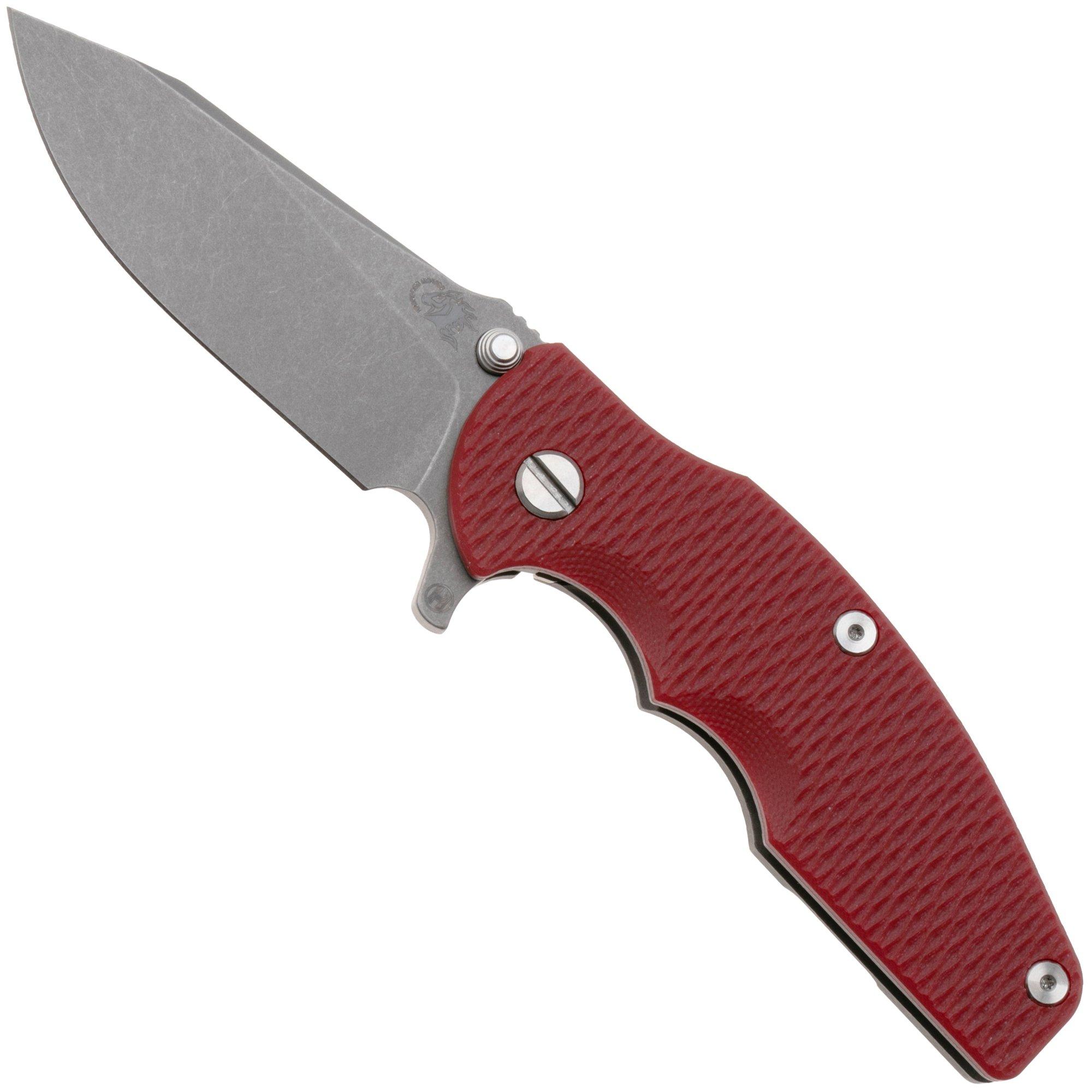 Rick Hinderer Jurassic Slicer, Hollow Ground Magnacut, Working Finish, Red G10, pocket knife