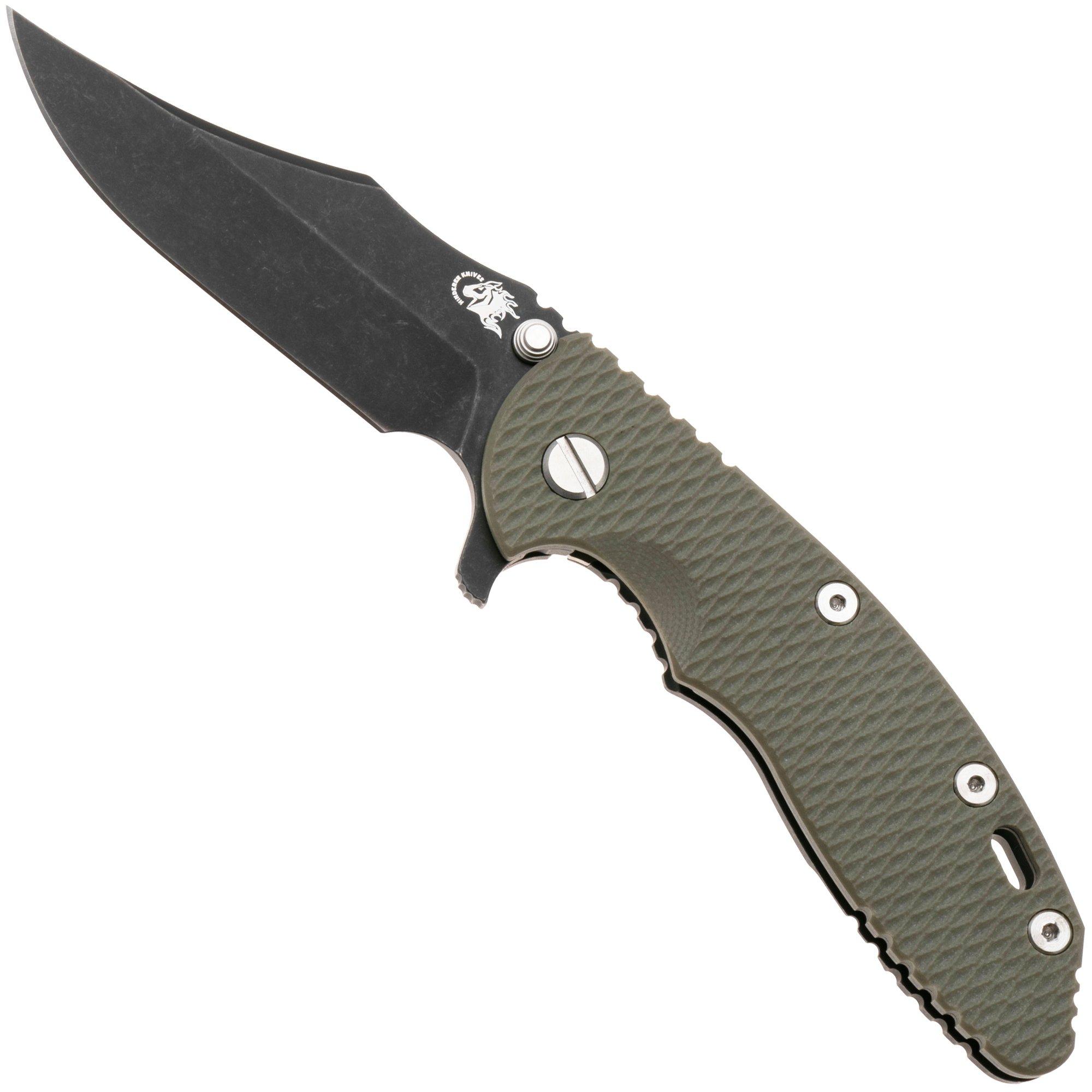 Rick Hinderer XM-18 3.5, Battle Black CPM MagnaCut Bowie, OD Green G10 pocket knife