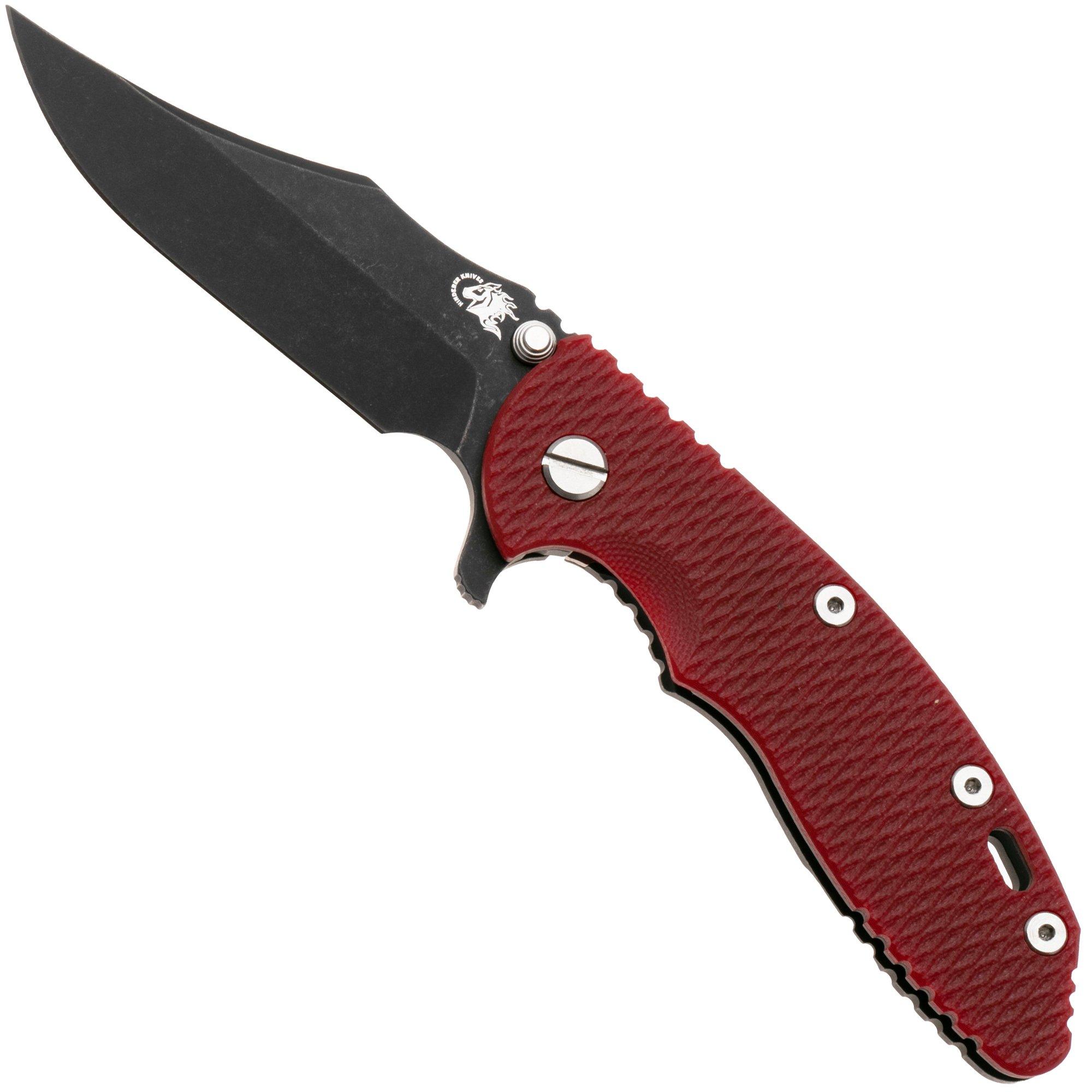 Rick Hinderer XM-18 3.5, Battle Black CPM MagnaCut Bowie, Red G10 pocket knife