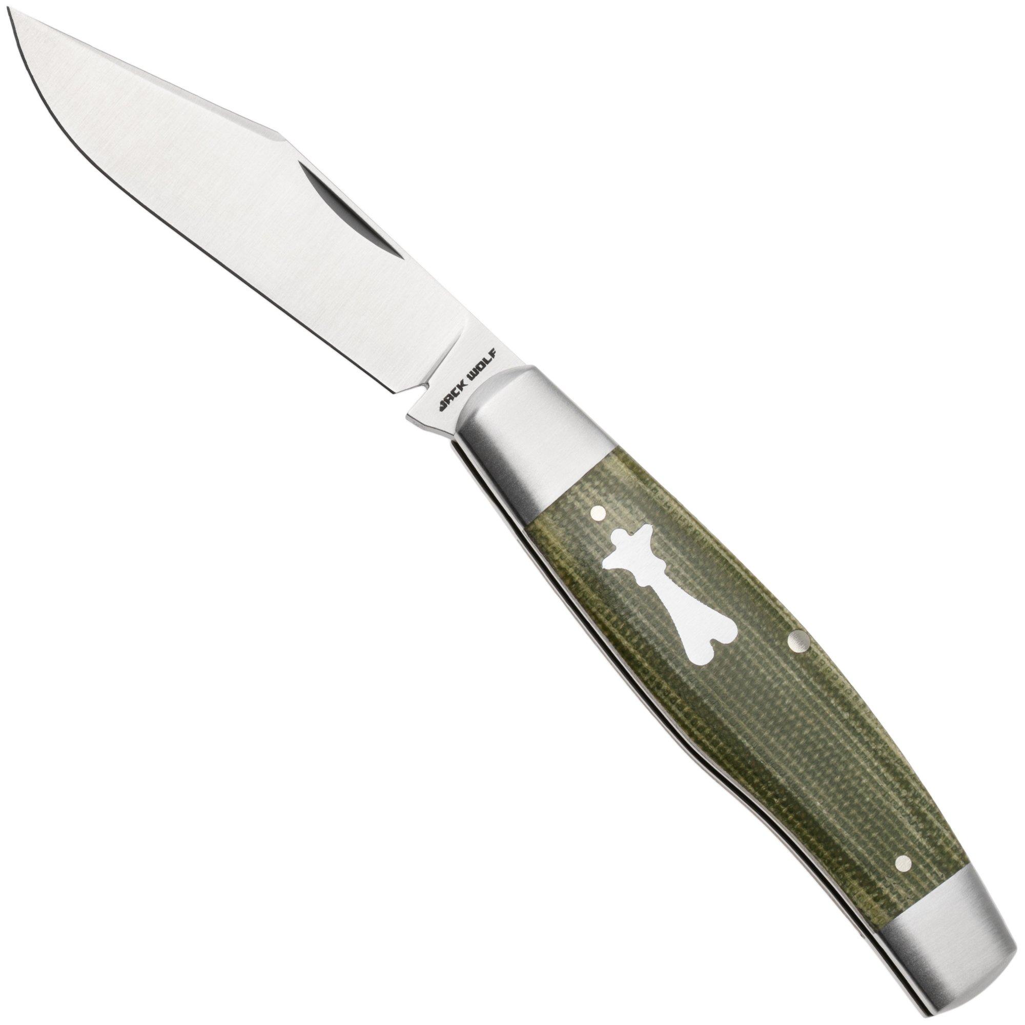 Jack Wolf Gateway Stockman STOCK-01-GRN-CAN-MIC Satin Sandvik 14C28N, Green Canvas Micarta, zakmes