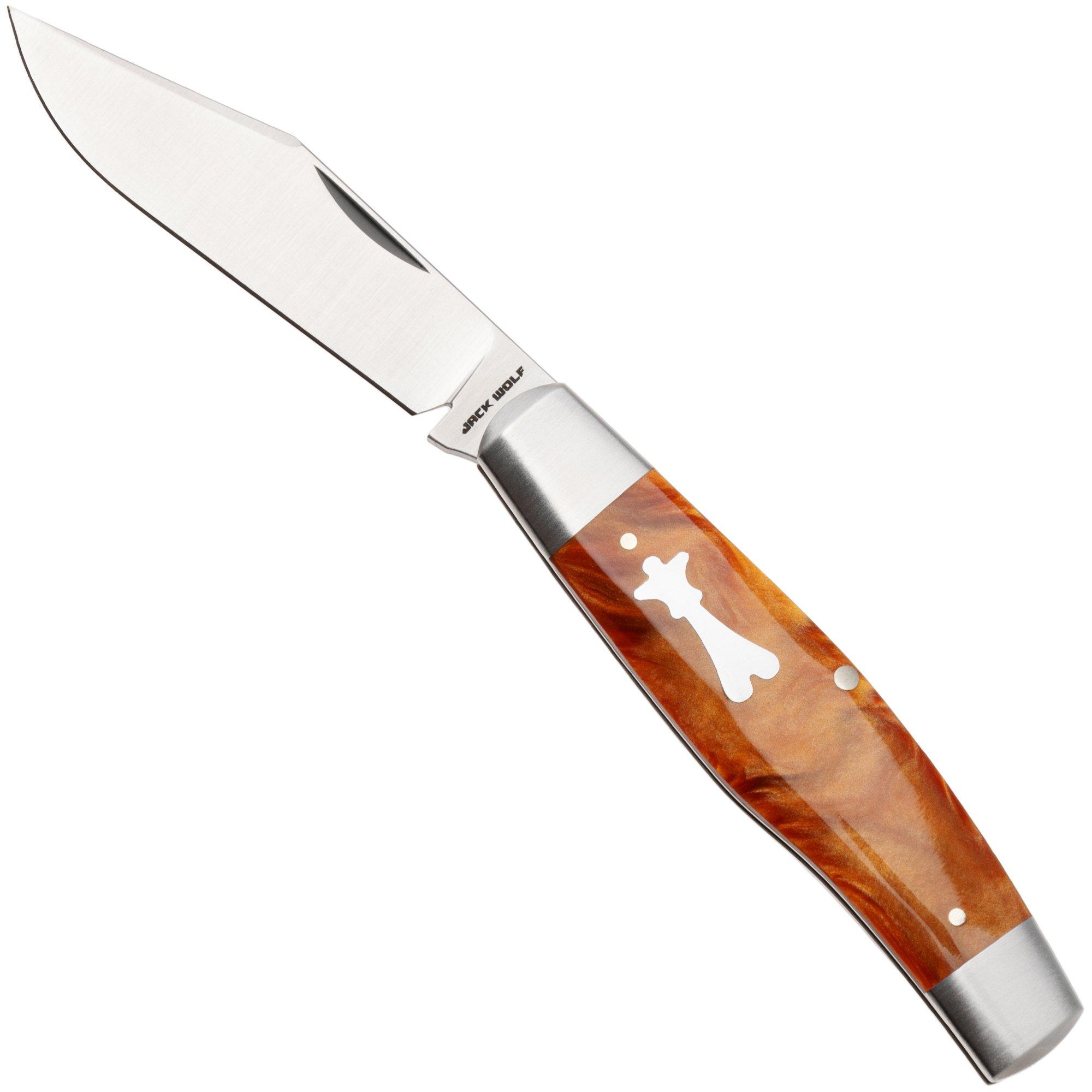Jack Wolf Gateway Stockman STOCK-01-KIR-ROOT Satin Sandvik 14C28N, Root Beer Kirinite, zakmes