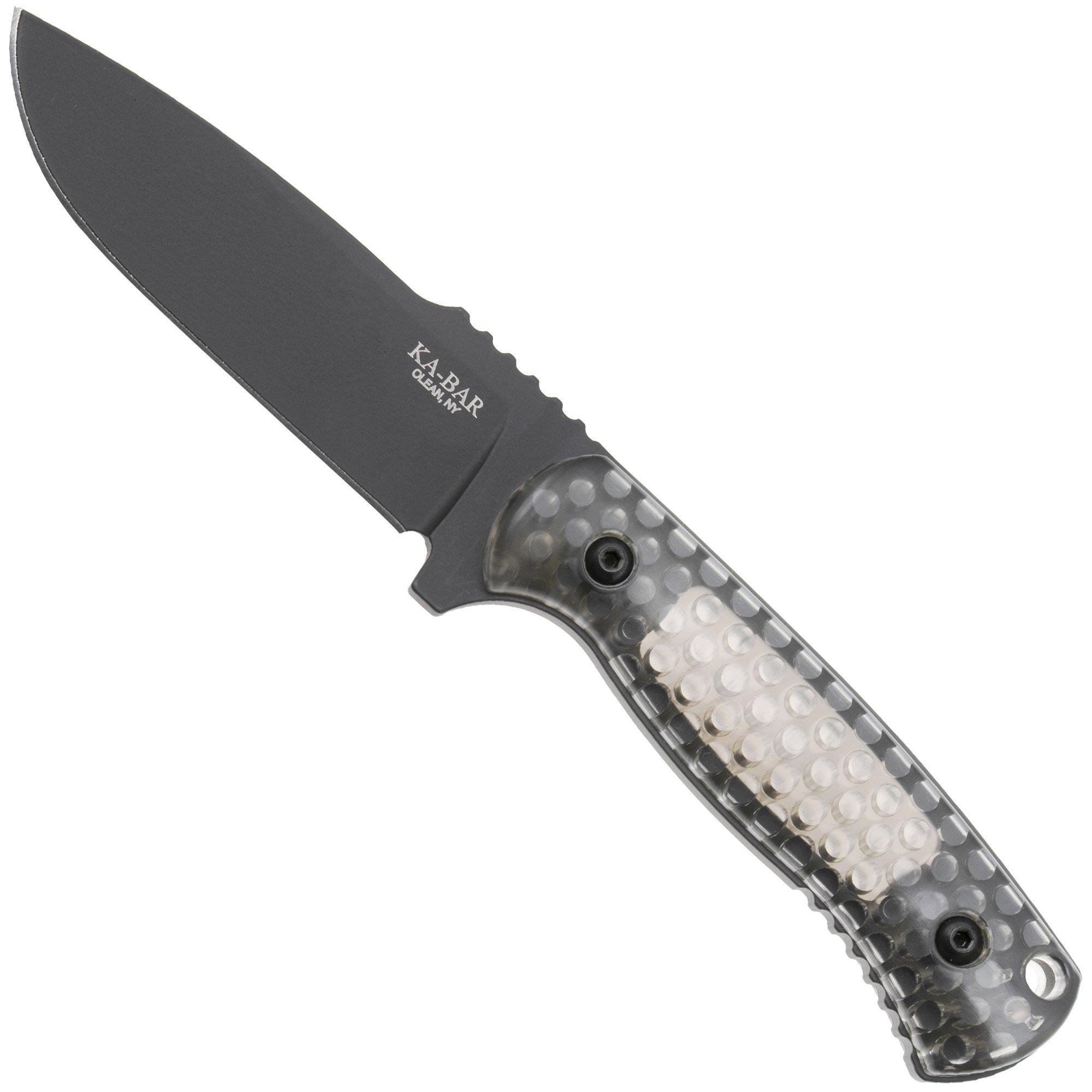 KA-BAR Cool Name 7700, Black 1095 Cro-Van Drop Point, Transparent Honeycomb Smoke Polycarbonate, couteau fixe, Les George design