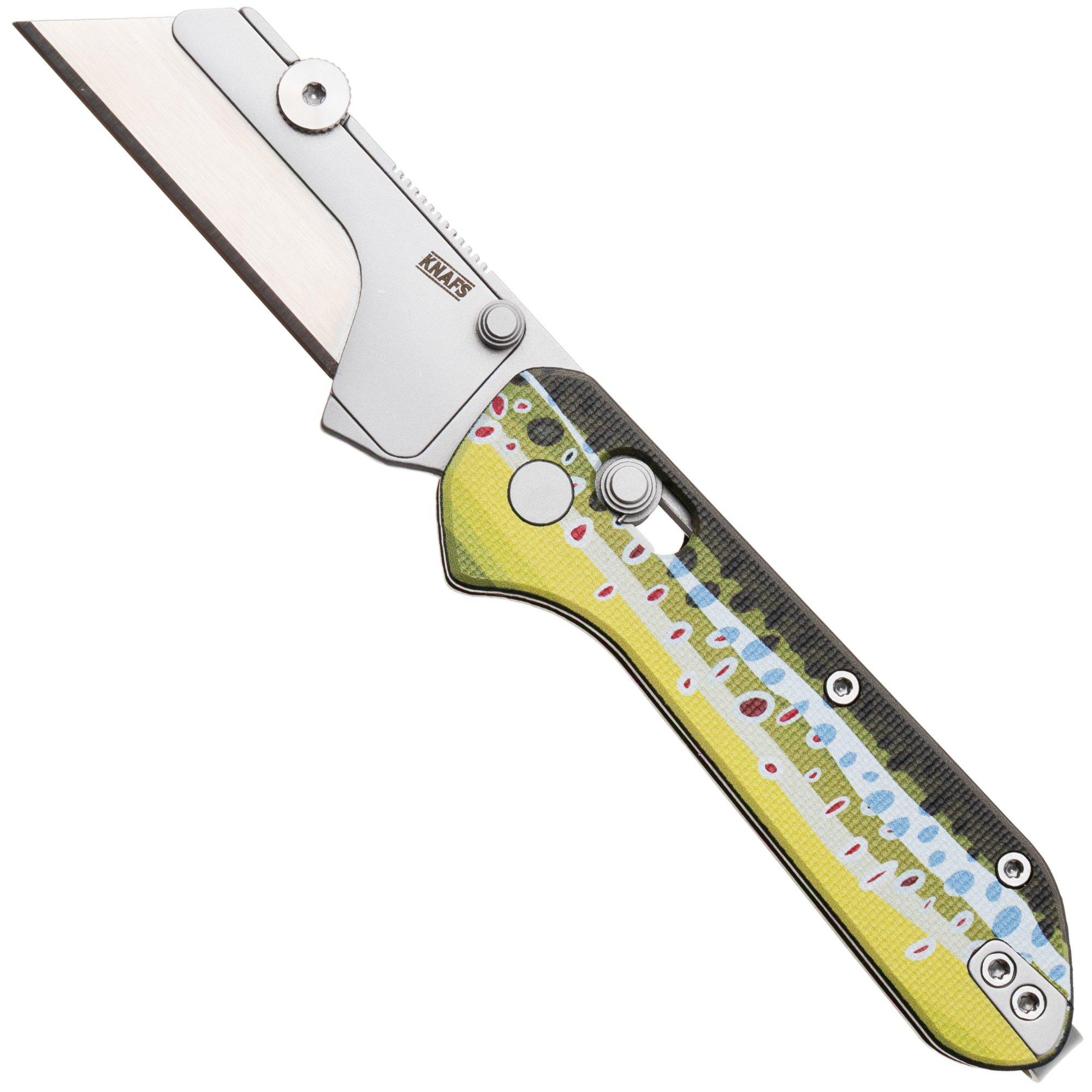 KNAFS Yuti 00658, Stonewashed Blade Holder, Brown Trout G10, utility zakmes