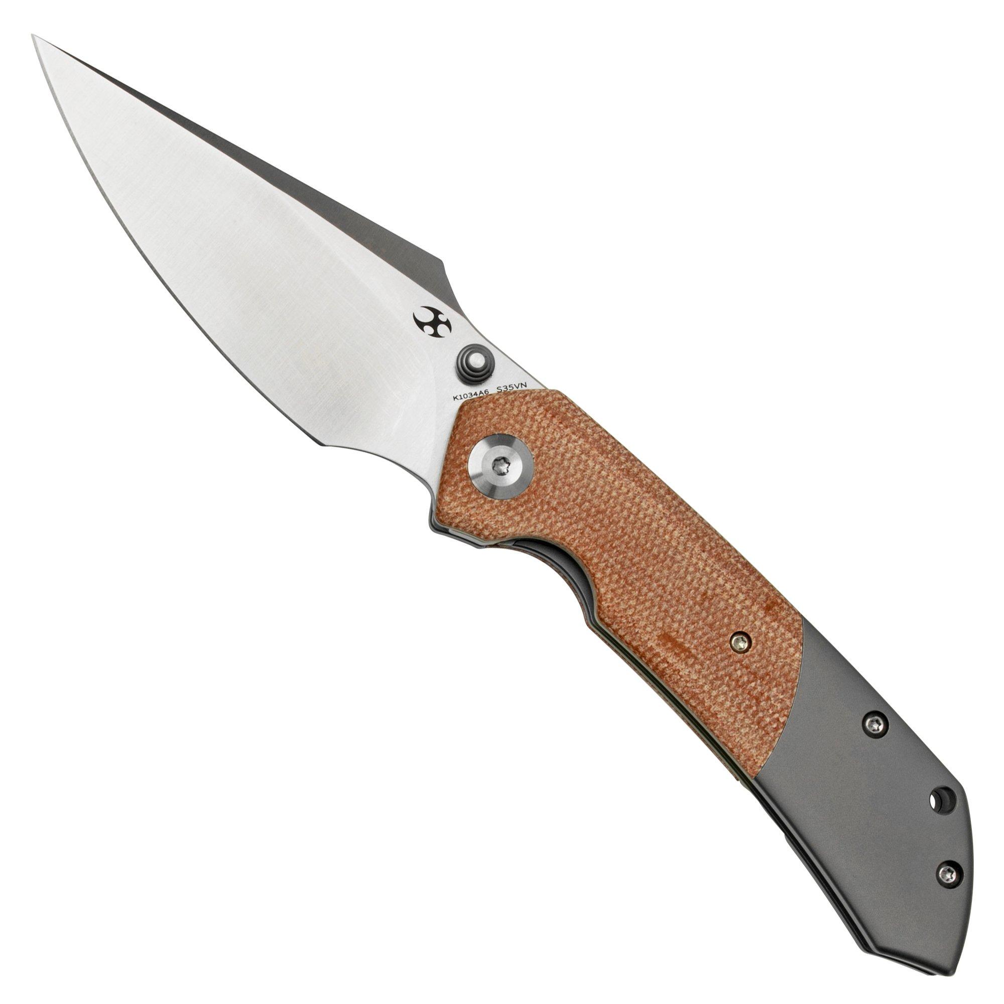 Nóż składany Kansept Fenrir K1034A6 Satin, Brown Micarta, projekt Greg Schob