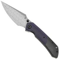 Image for Kansept Fenrir K1034Z2 Damascus, Blackwashed Titanium, Purple Micarta, pocket knife, Greg Schob design