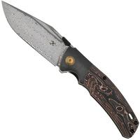 Image for Kansept Hinterland K1057A3 Damascus, Blackwashed Titanium, Copper Carbon Fiber, pocket knife, Morgan Koens design