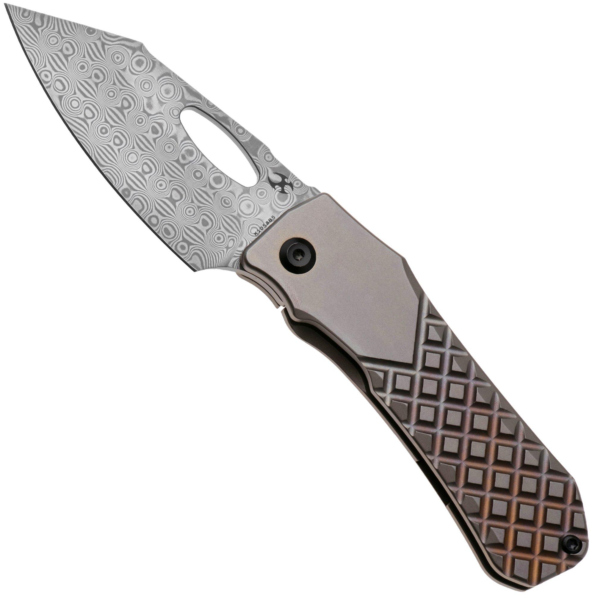 Kansept Loki K1058B5, Damascus Steel, Bronzed Frag Pattern Anodized Titanium zakmes, Steven Dunnuck design