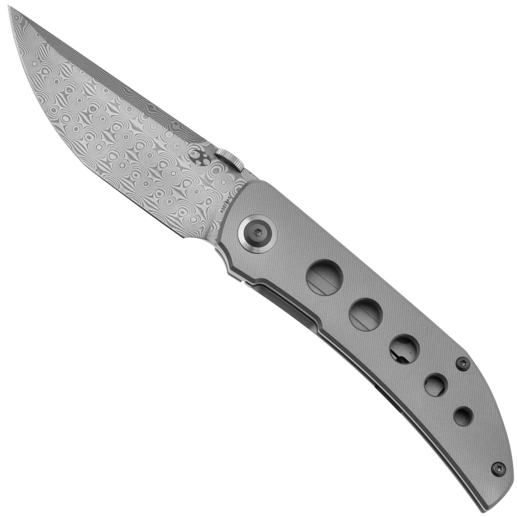 Nóż składany Kansept Tarkin K1078A5 Damascus, Bead Blasted Titanium Holes, projekt Matthew Christensen