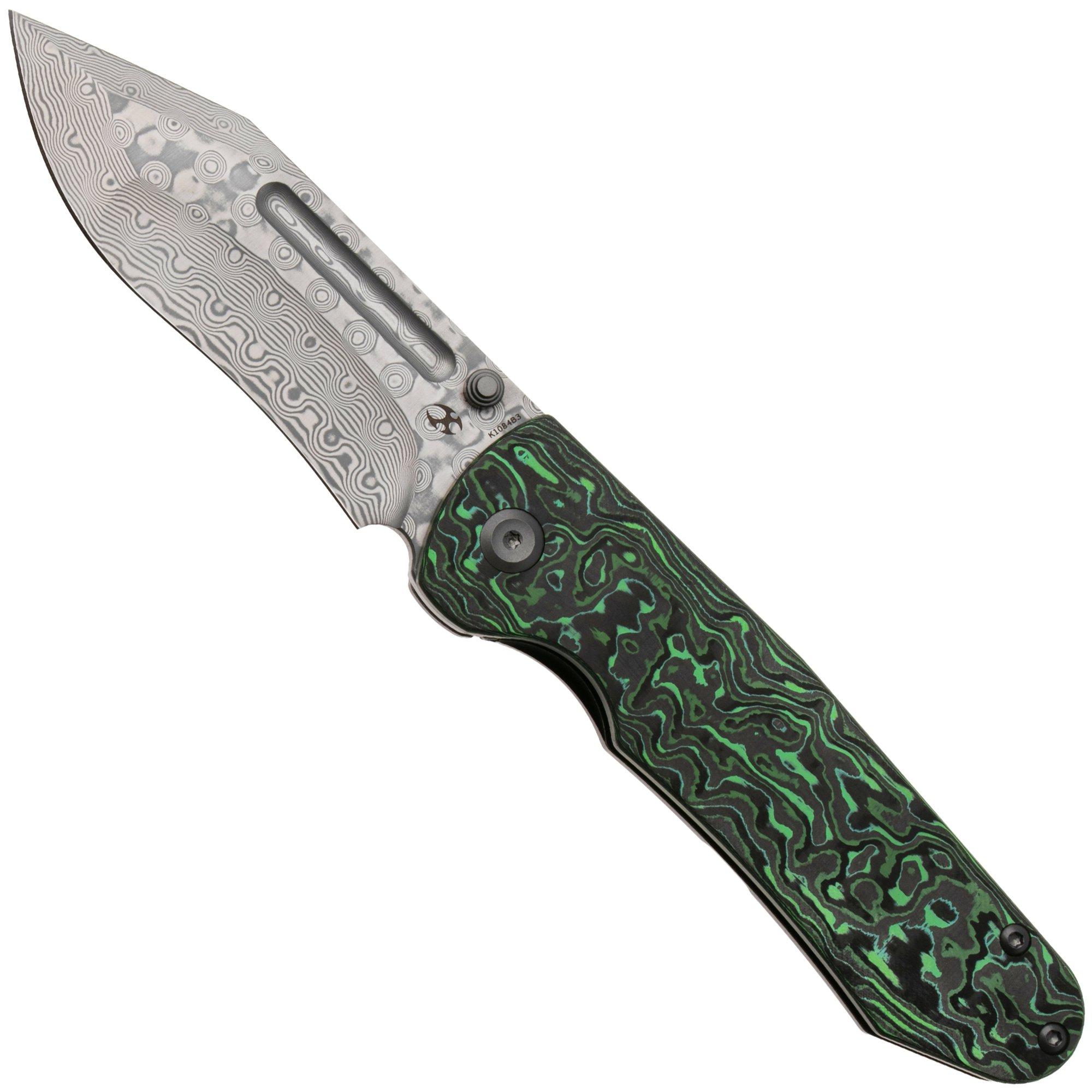 Kansept Superhawk K1084B3, Damascus Steel, Grey Titanium, Green Carbon Fiber zakmes, Warhawk Knives design