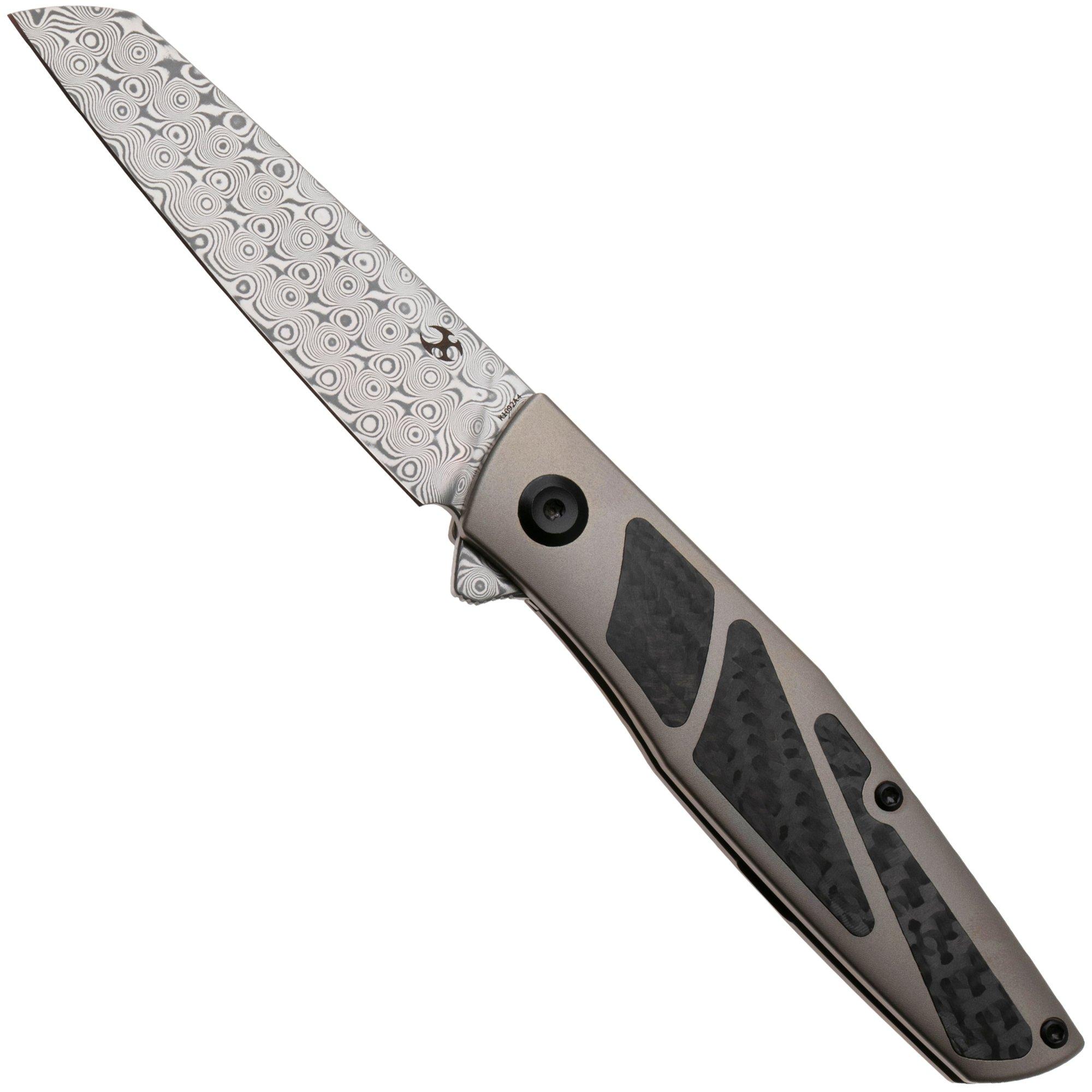 Kansept Cru K1092A4, Damascus Steel, Bronze Titanium, Black Carbon Fiber zakmes, Villella Knives design