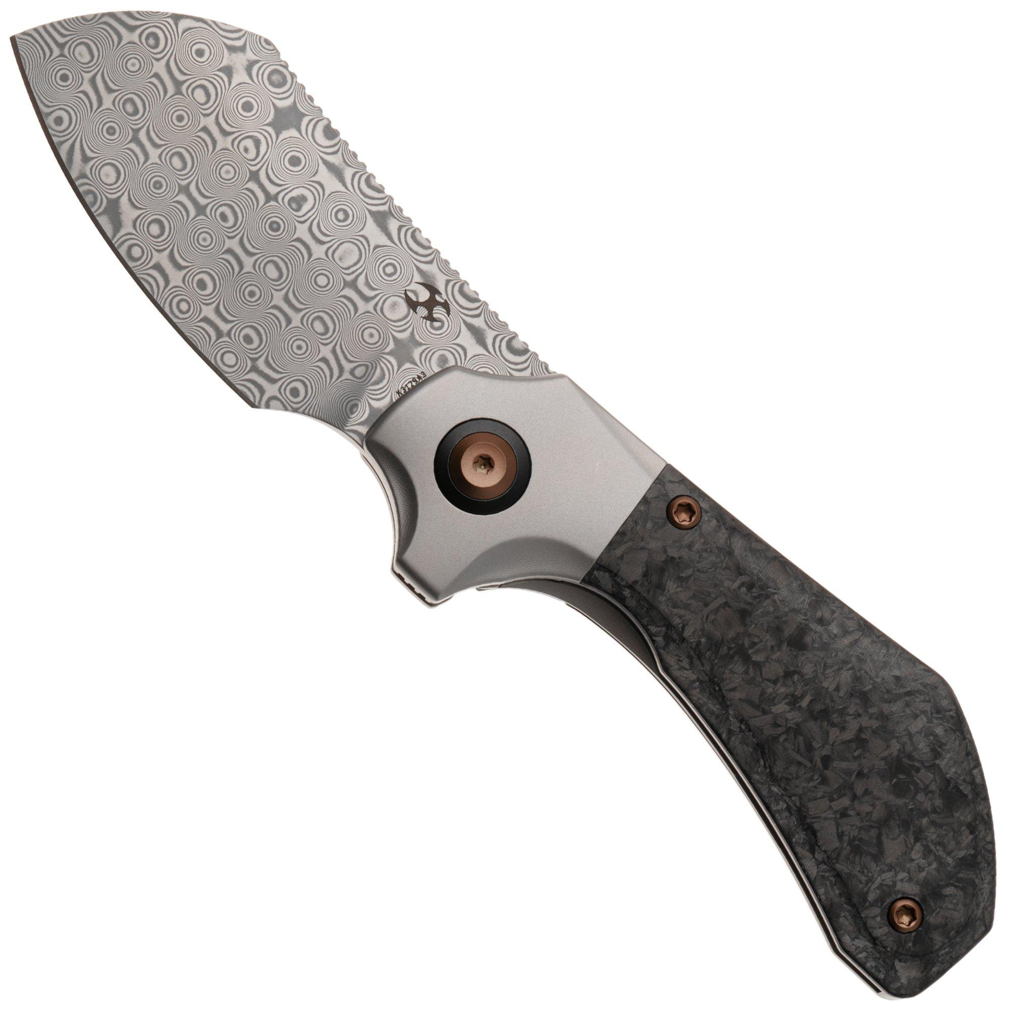 Kansept Pluto K3129A3 Acid-etched Damascus, Stonewashed Titanium, Shred Carbon Fiber, navaja, diseño de Munko Knives