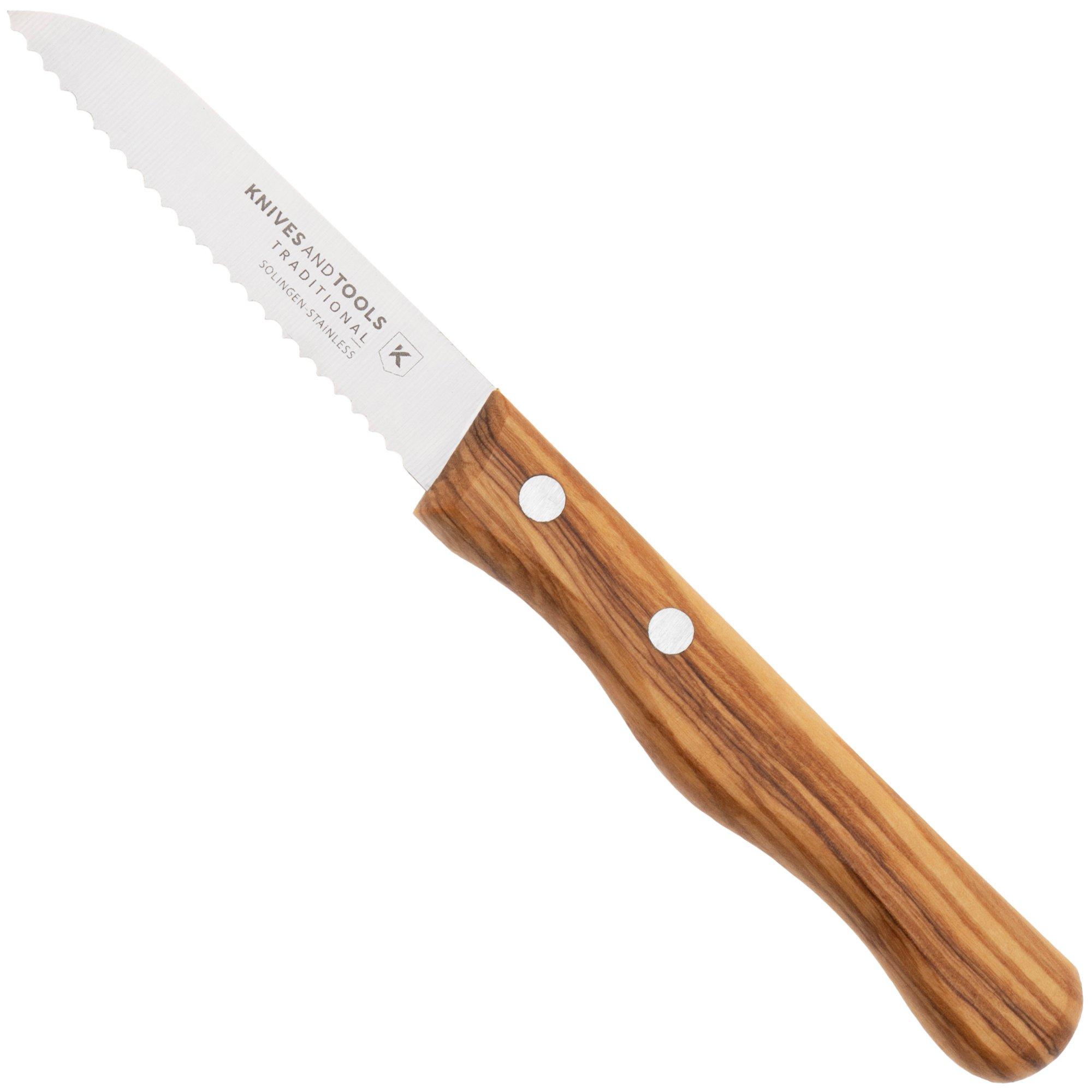 Knivesandtools Traditional Serrated Paring Knife, roestvast staal, olijfhout, gekarteld universeelmes