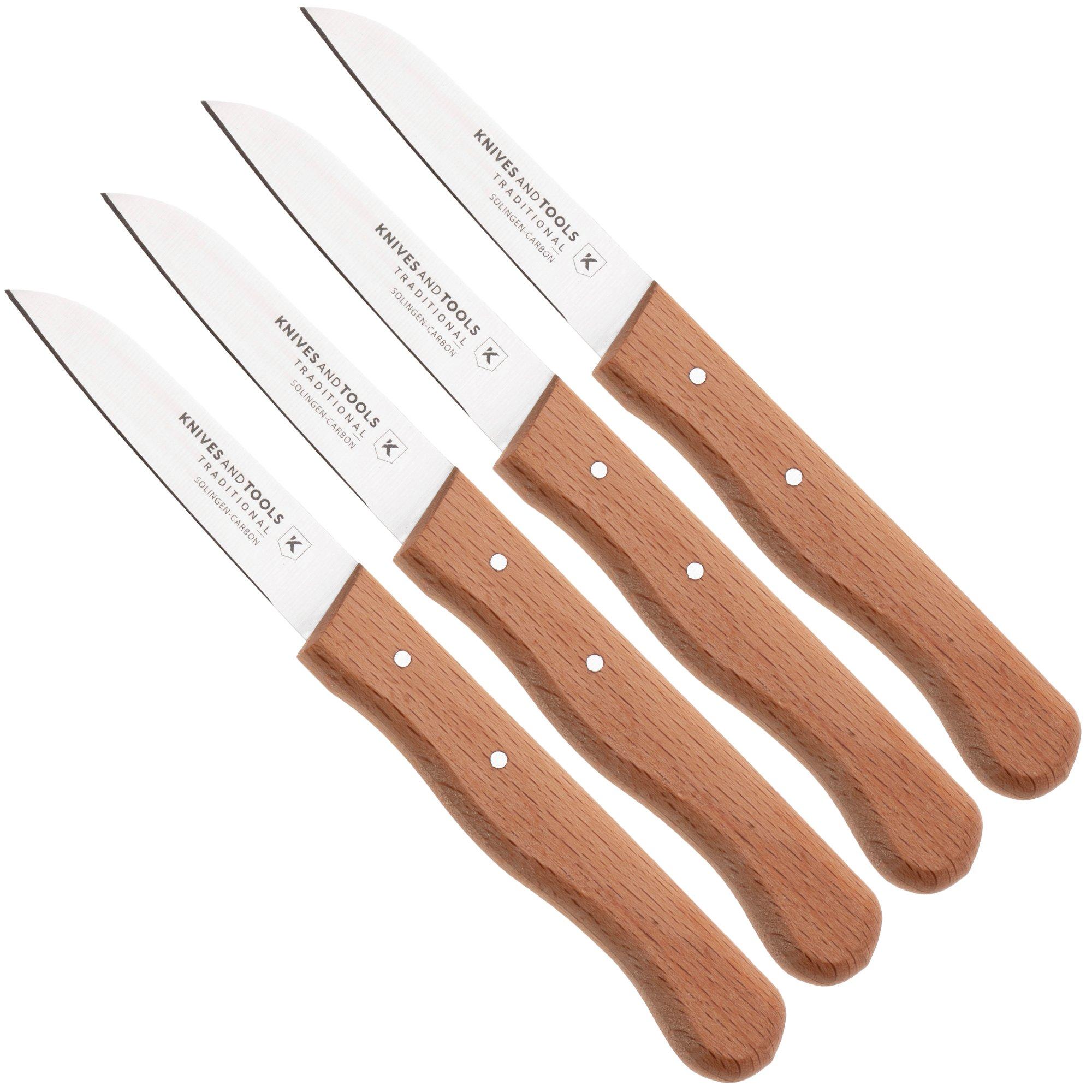 Knivesandtools Traditional Paring Knife, koolstofstaal, beukenhout, 4-delige schilmessenset