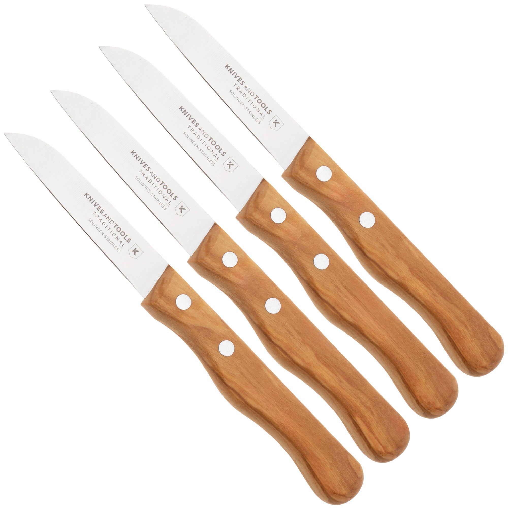 Knivesandtools Traditional Paring Knife, roestvast staal, olijfhout, 4-delige schilmessenset