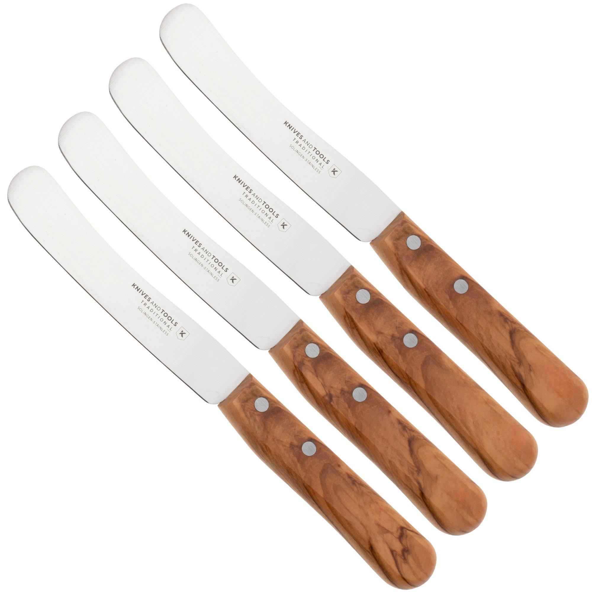 Knivesandtools Traditional Buckels, acciaio inossidabile, legno d'ulivo, set di 4 coltelli da colazione Buckels